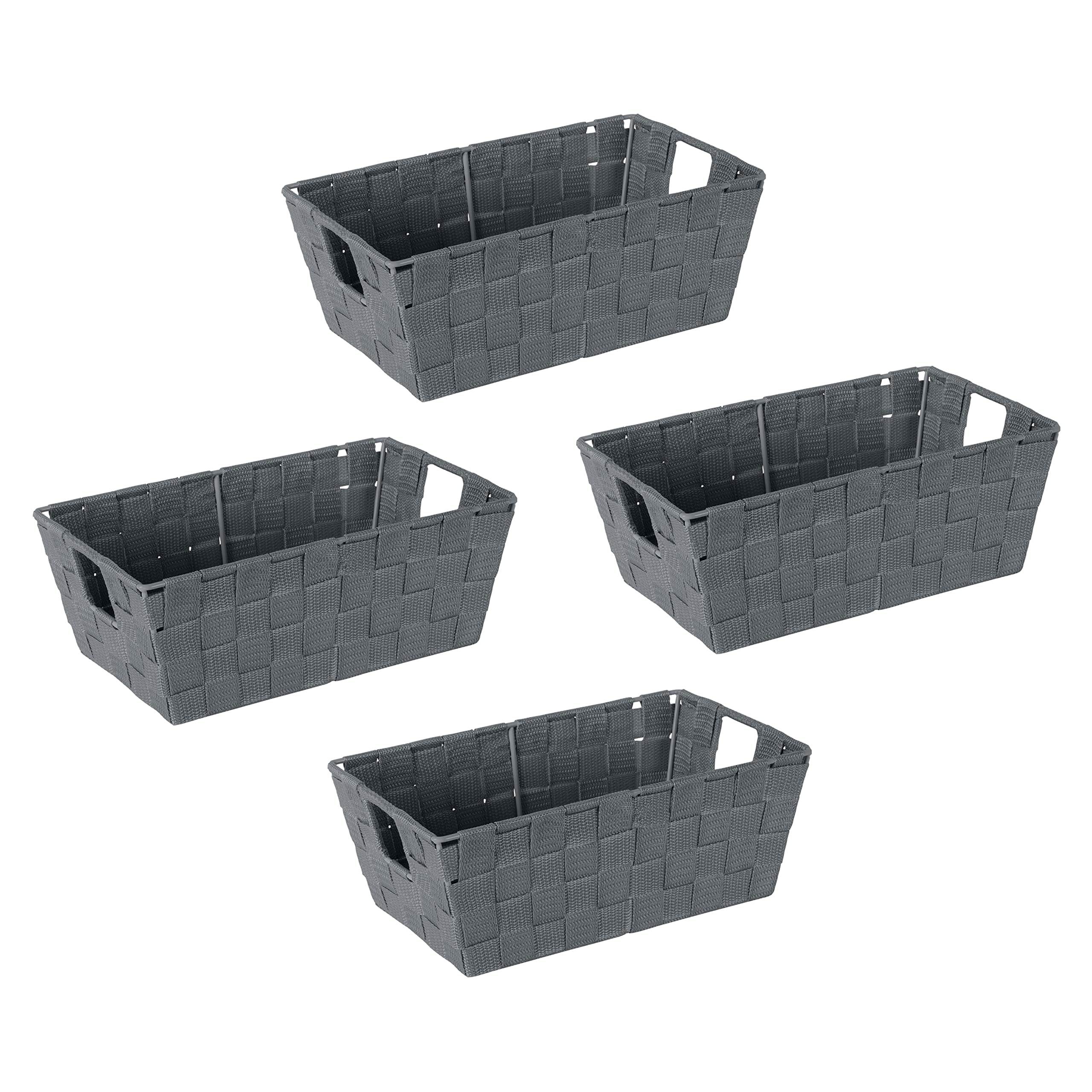 Simplify Small Shelf Woven Strap Tote | Decorative Storage Basket | Built in Handles | Organization | Closet | Bedroom | Bathroom | Nursery | Accessories | Toys | Gifts | 4 Pack | Grey