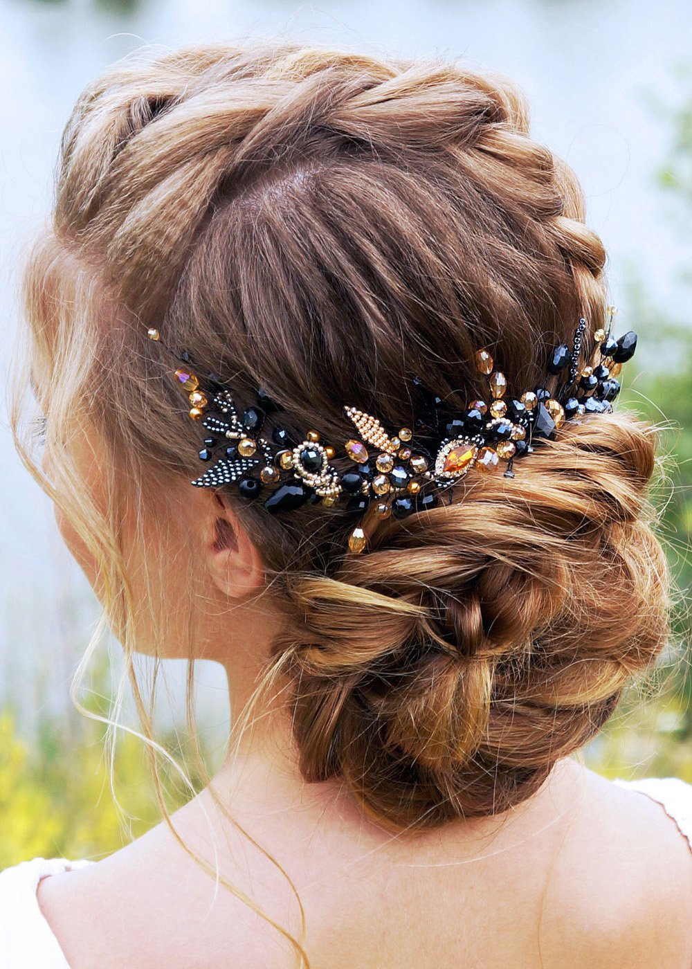 Kercisbeauty Kercisbeauty Wedding Bridal Black and Champagne Crystal Beads Long Chain Hair Comb Headband Headpiece for Prom