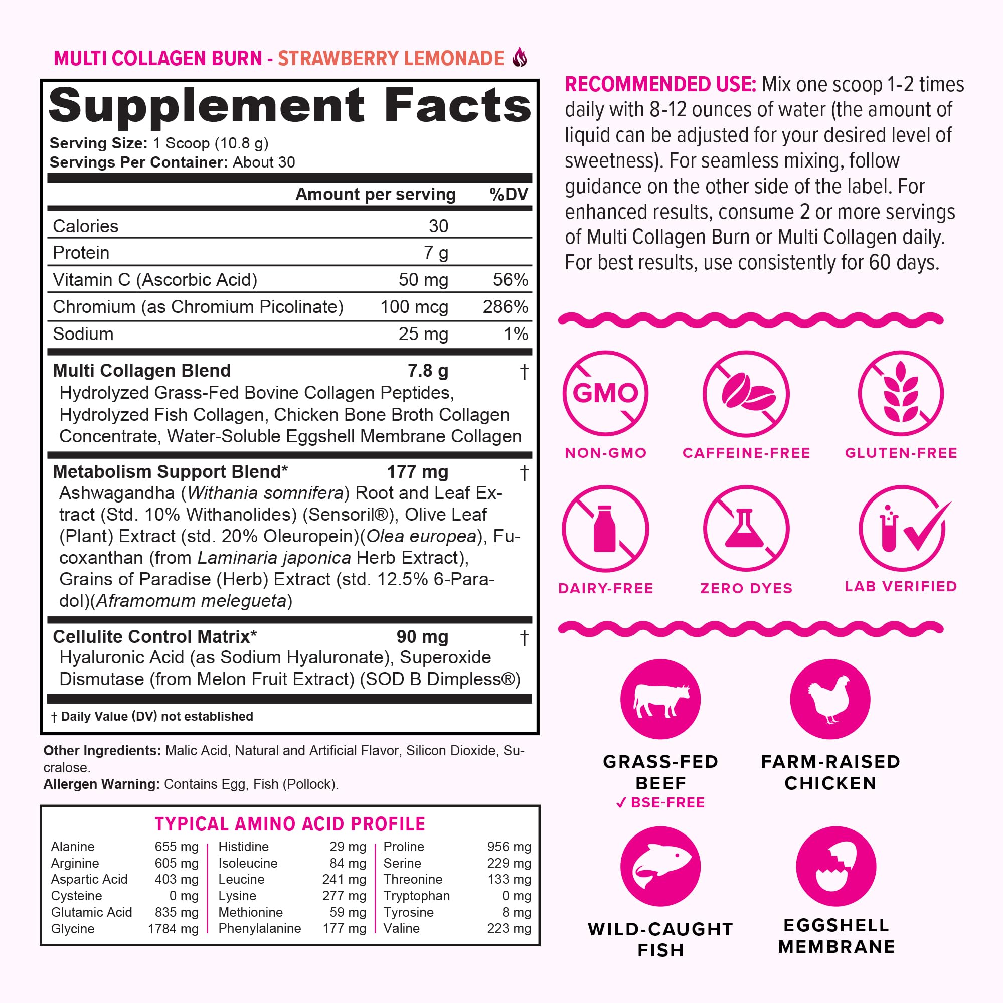 Multi Collagen Burn: Hydrolyzed Protein Peptides with Hyaluronic Acid, Vitamin C, SOD B Dimpless, Types I, II, III, V and X, Caffeine-Free Strawberry Lemonade Flavored 30 Servings