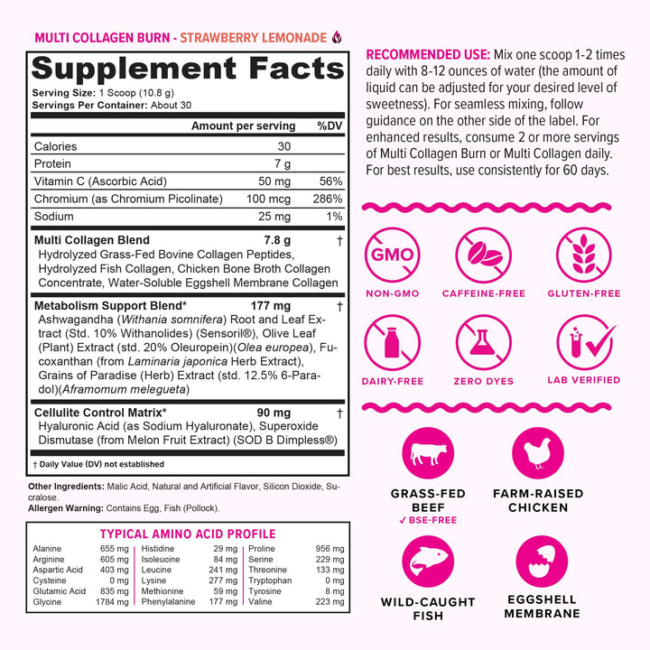 Multi Collagen Burn: Hydrolyzed Protein Peptides with Hyaluronic Acid, Vitamin C, SOD B Dimpless, Types I, II, III, V and X, Caffeine-Free Strawberry Lemonade Flavored 30 Servings