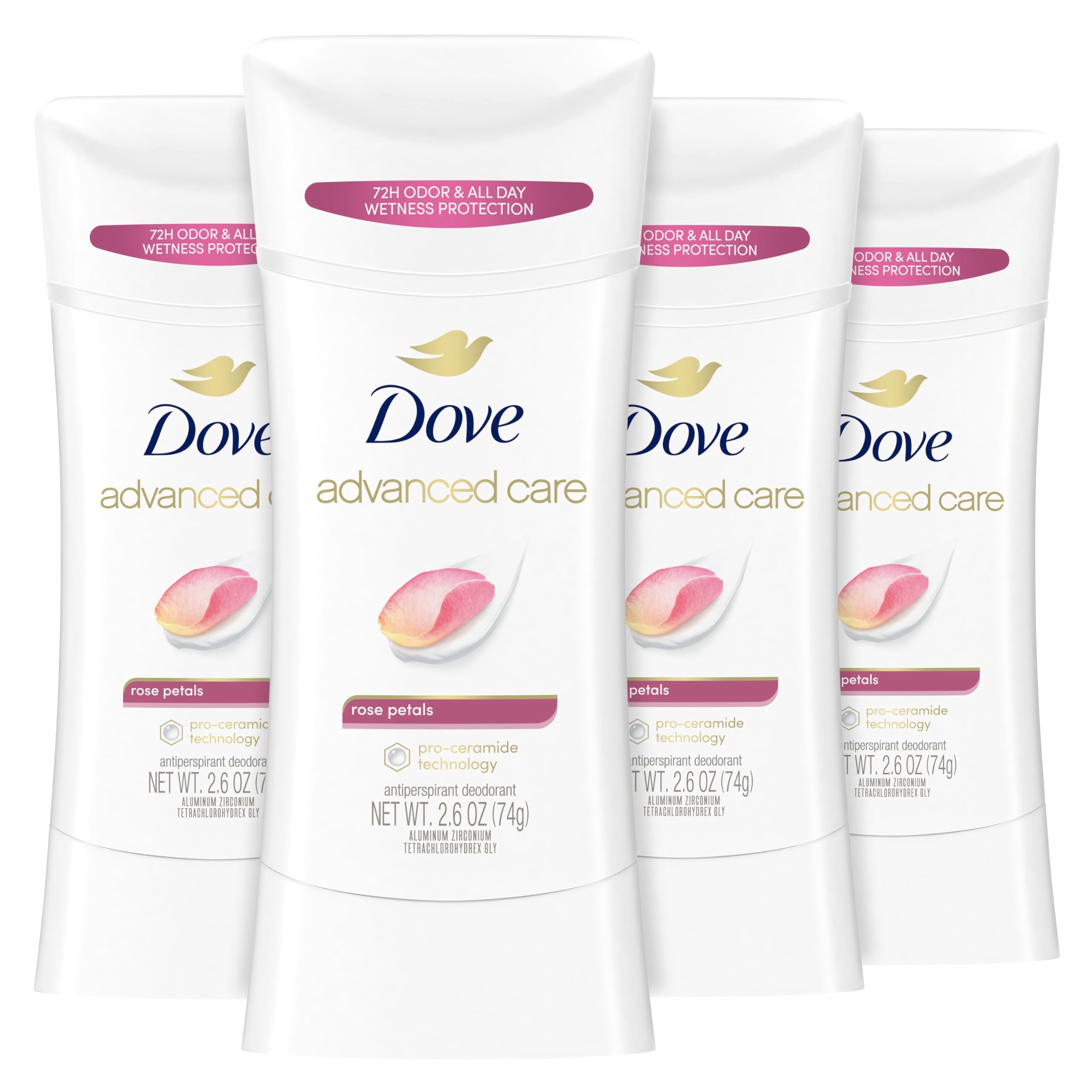Dove Antiperspirant Deodorant Stick 48 Hour Protection And Soft And Comfortable Underarms Rose Petals Deodorant for Women oz 4 Count, 2.6 Ounce