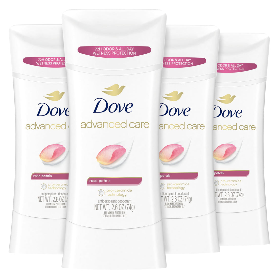 Dove Antiperspirant Deodorant Stick 48 Hour Protection And Soft And Comfortable Underarms Rose Petals Deodorant for Women oz 4 Count, 2.6 Ounce