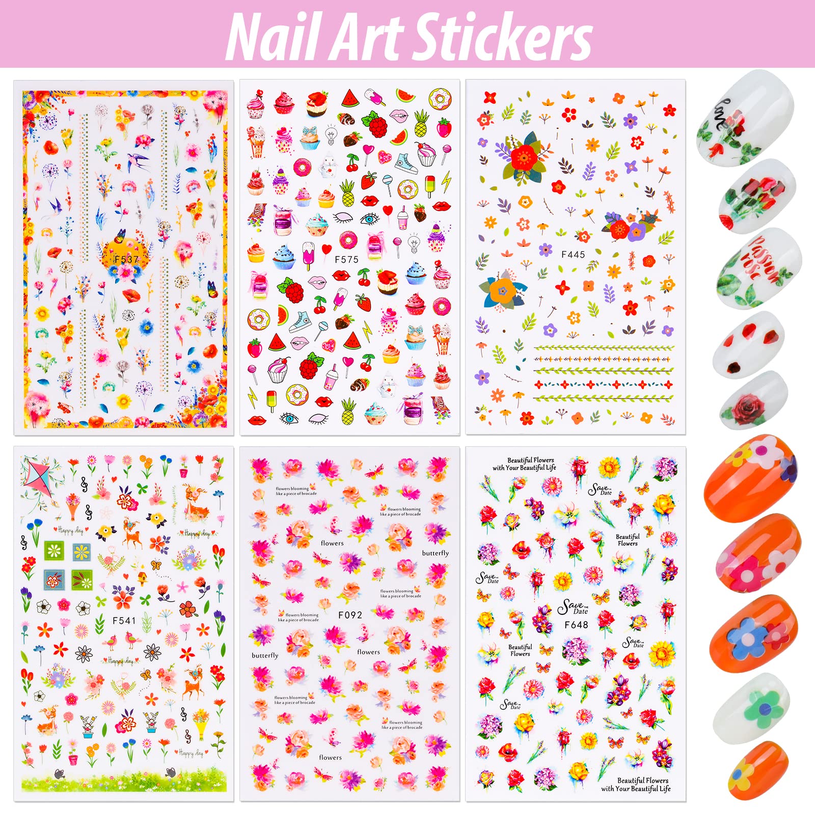 Teenitor Nail Art Stickers Self-Adhesive, 12 Sheets Flower Nail Stickers Butterfly Nail Decals Nail Stickers for Kids Flower Butterfly Stars Fruits Leaves Nail Decoration Stickers for Women Kids