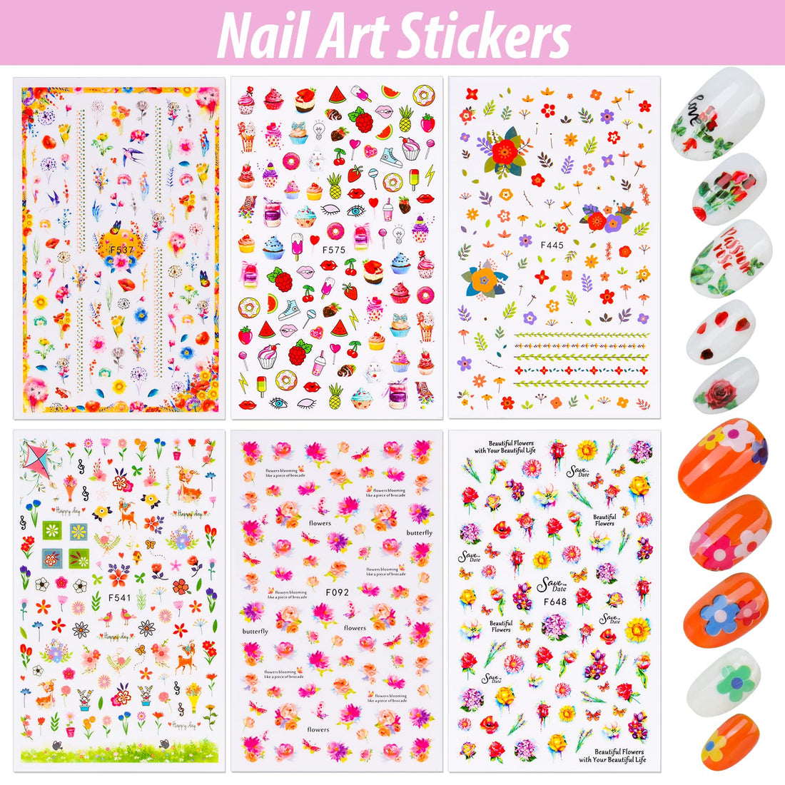 Teenitor Nail Art Stickers Self-Adhesive, 12 Sheets Flower Nail Stickers Butterfly Nail Decals Nail Stickers for Kids Flower Butterfly Stars Fruits Leaves Nail Decoration Stickers for Women Kids
