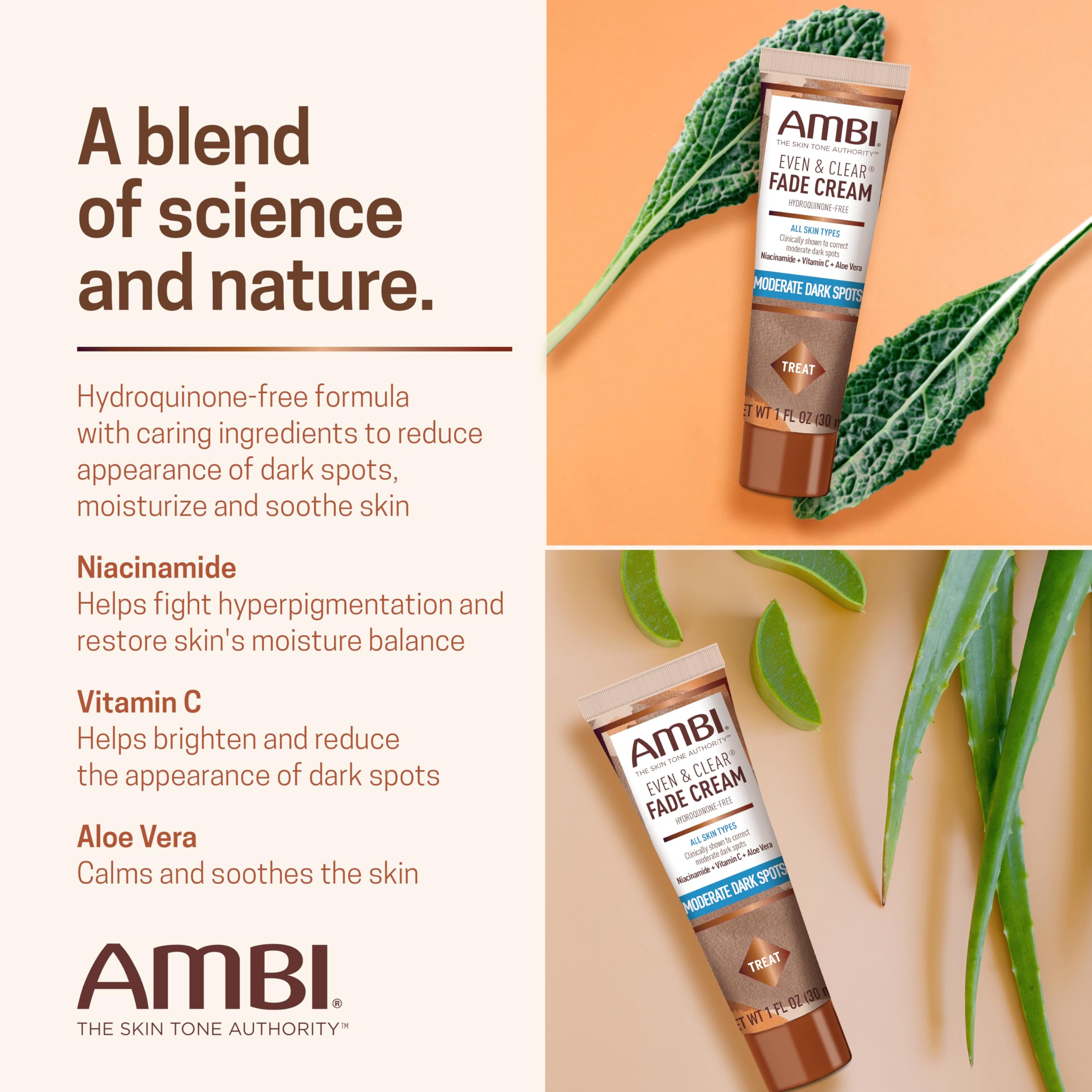 Ambi Even & Clear Fade Cream, Hydroquinone-free, Hyperpigmentation Treatment, Dark Spot Corrector, Results In As Little As 4 Weeks, Niacinamide, Aloe Vera, Vitamin C, 1 Fl Oz