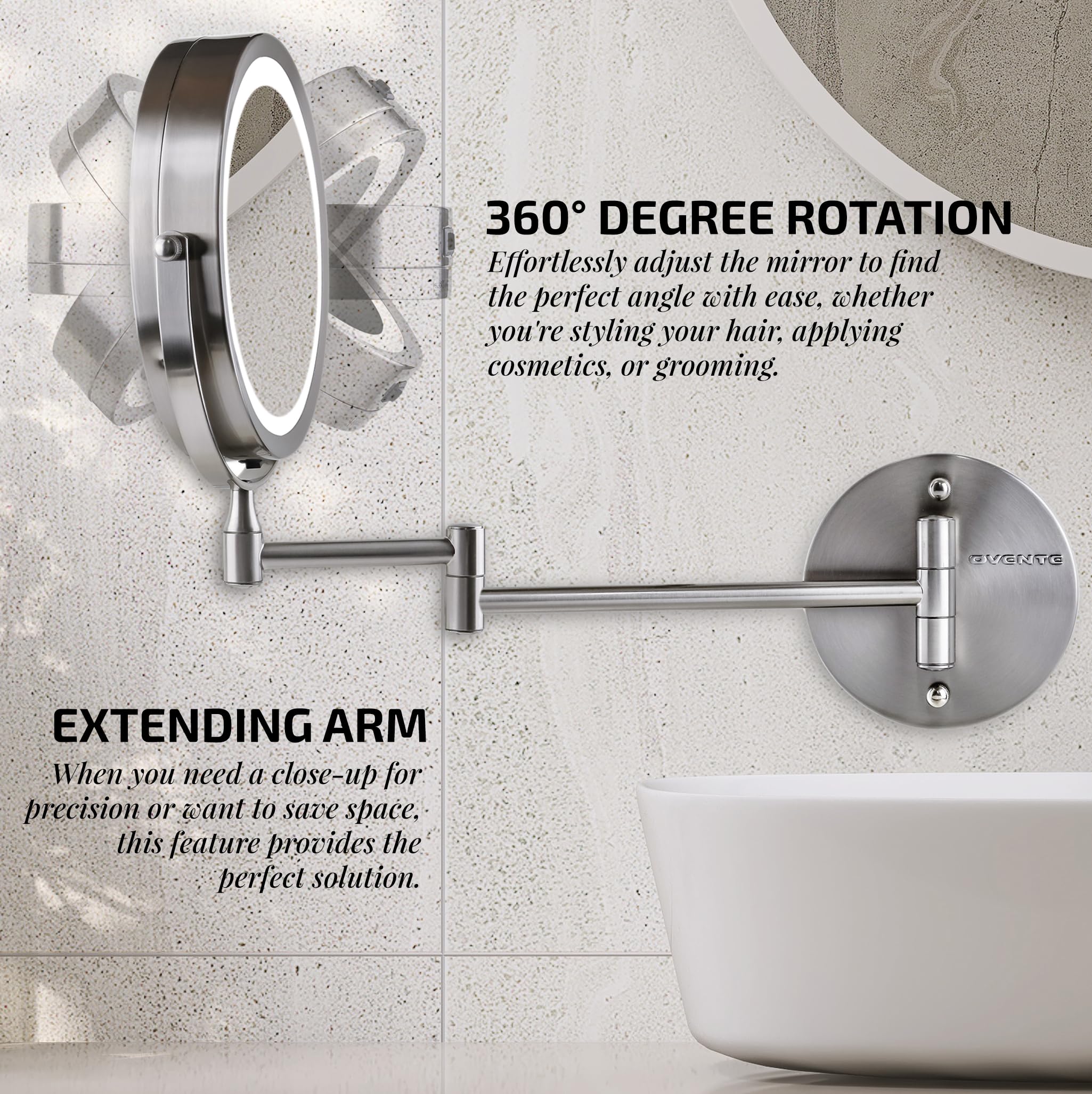 OVENTE 7 Lighted Wall Mount Makeup Mirror with 1X/10X Magnification, Cordless Double Sided Magnifying Round Vanity Mirror, 360° Swivel Design, Extendable and Folding Arm, Nickel Brushed MFW70BR1X10X