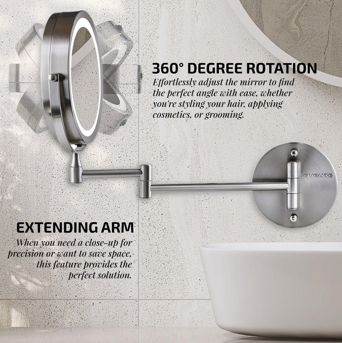 OVENTE 7 Lighted Wall Mount Makeup Mirror with 1X/10X Magnification, Cordless Double Sided Magnifying Round Vanity Mirror, 360° Swivel Design, Extendable and Folding Arm, Nickel Brushed MFW70BR1X10X