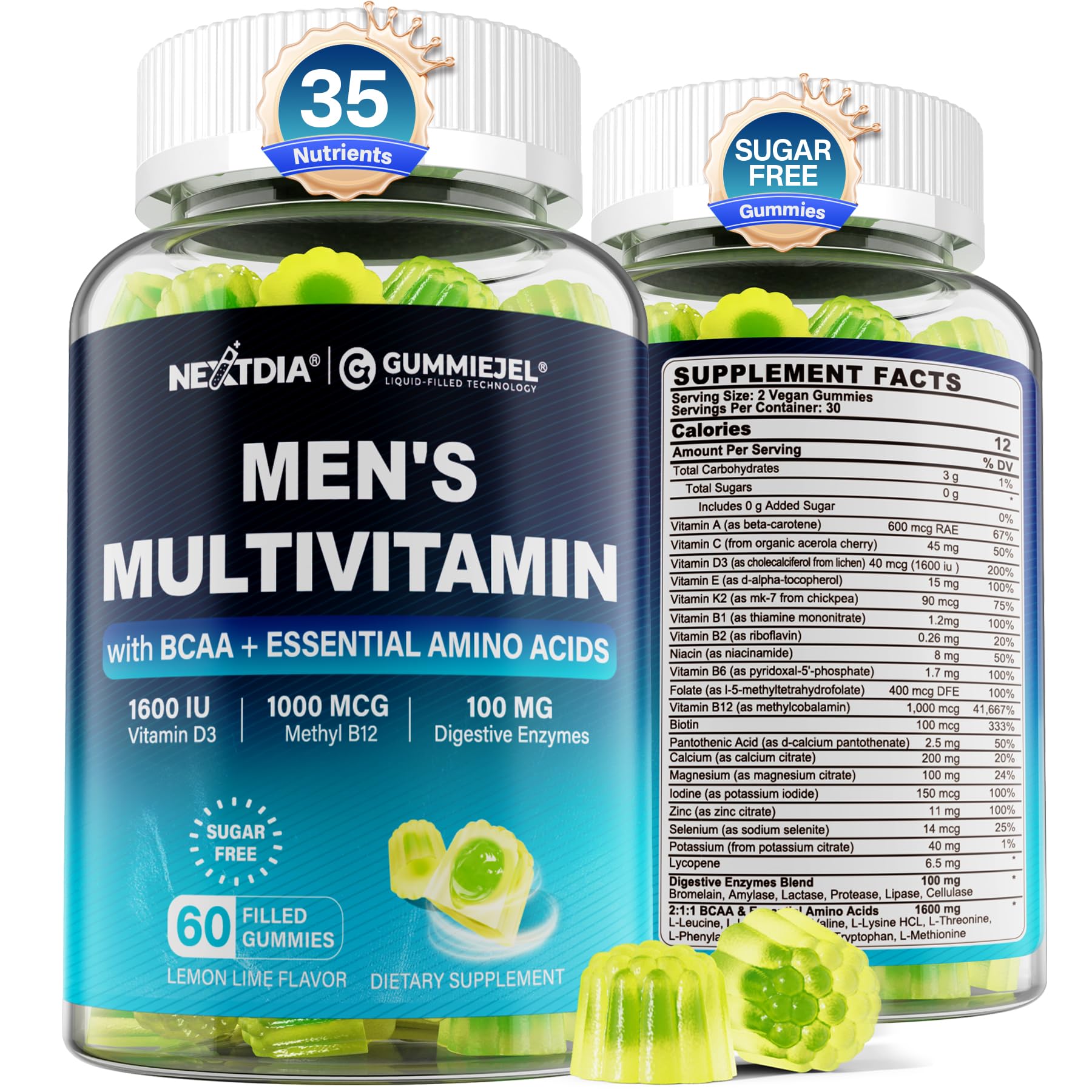 Methylated Multivitamin for Men Gummies, BCAA Amino Acids, Zinc, Vitamin A C D3 E K2 B6 B12 Biotin Calcium, Magnesium, Lycopene, Digestive Enzymes - Energy Muscle Immunity - Sugar Free, Vegan, 60 Cts