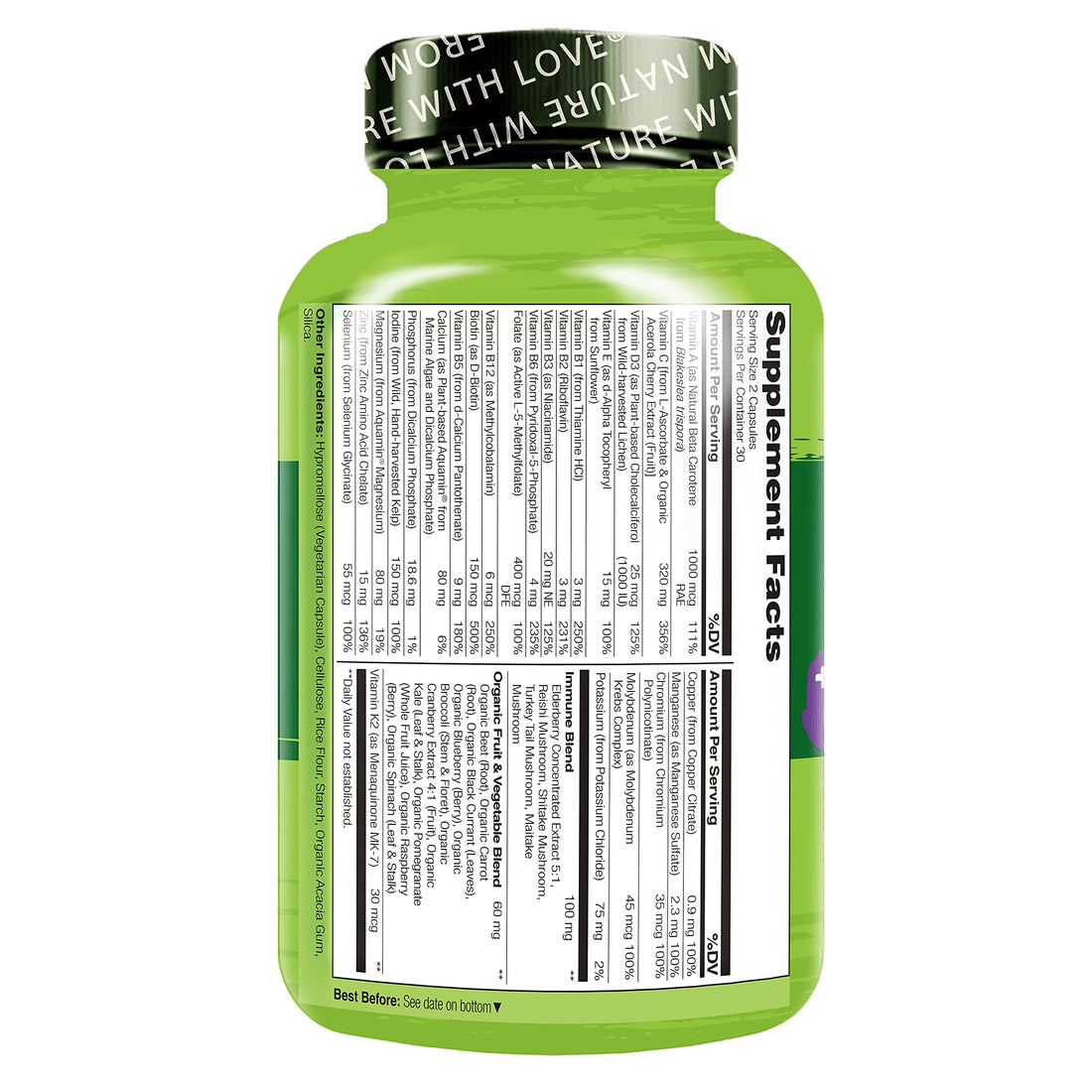 NATURELO Whole Food Multivitamin + Immune Blend with Elderberry & Mushrooms - Complete Multivitamin with Extra Immune Support - C, D3, Zinc, Elderberry, Reishi, Shitake - 60 Vegan Capsules