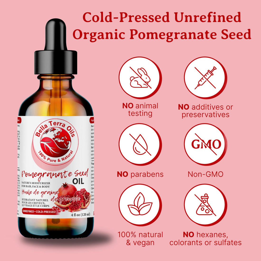Bella Terra Oils - Organic Pomegranate Seed Oil 2oz - Cold-Pressed & Pure, Rich in Nutrients for Skin & Hair, A Beauty Essential