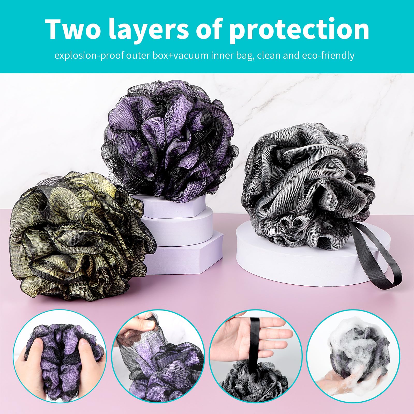 BCKENEY Bath Loofah Shower Sponge Body Back Scrubber Soft Mesh Shower Puffs Exfoliating Loofa for Women & Men Bath Accessories Cleaning Tool (Pack of 4 60G Loofah, Dark Elf)