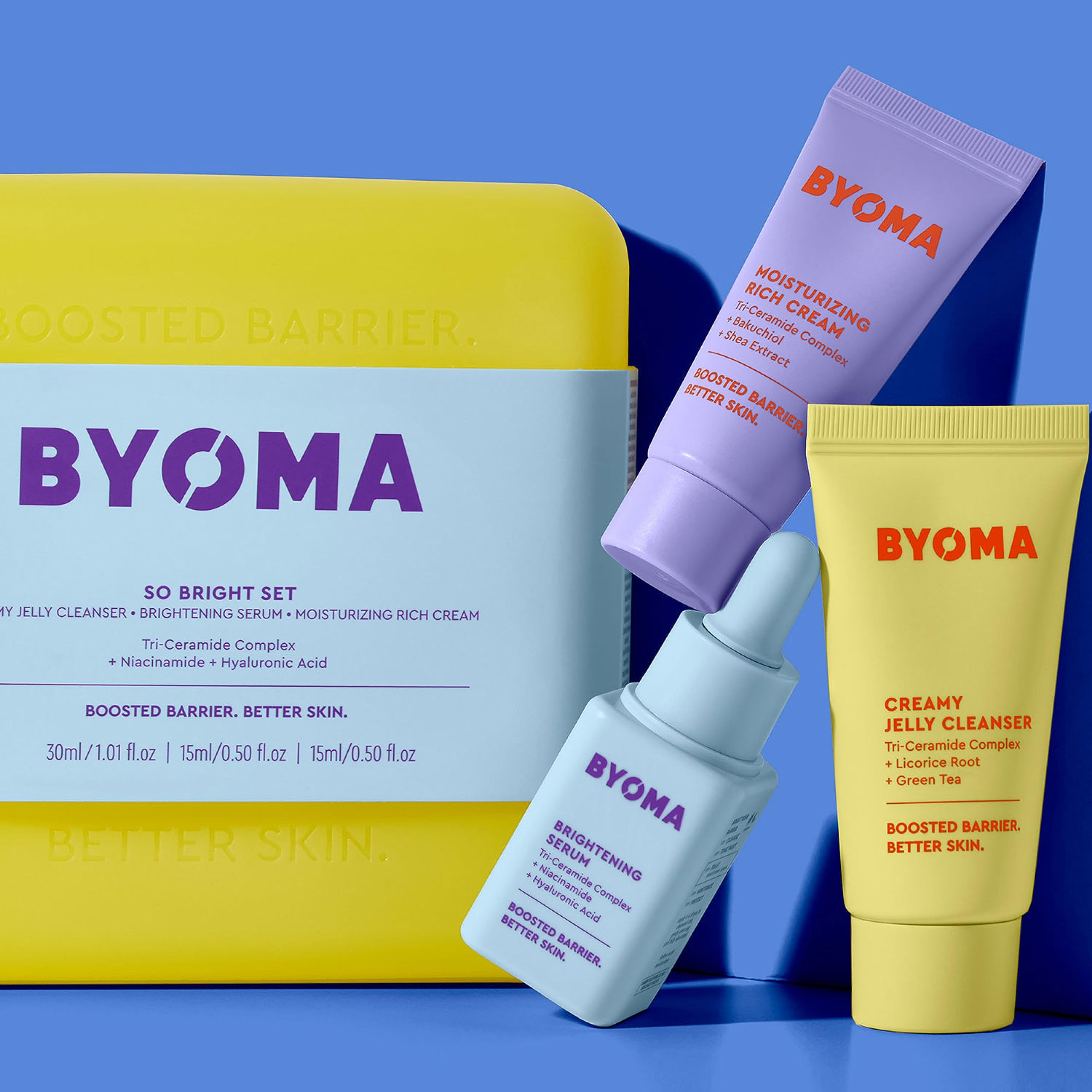 BYOMA So Bright Set - Barrier Repair Skincare Set for Brighter Skin - Creamy Jelly Cleanser, Brightening Face Serum & Ceramide Face Moisturizer - Alcohol Free Skin Care - 30ml, 15ml, 15ml