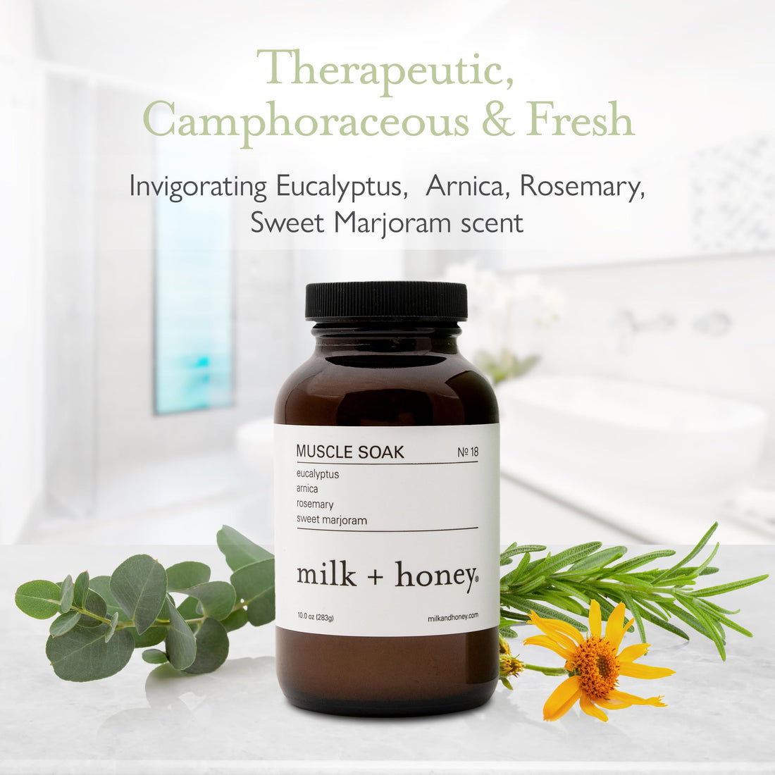 milk + honey Muscle and Bath Soak No. 18, Eucalyptus, Arnica, Rosemary & Sweet Marjoram, 10 oz.