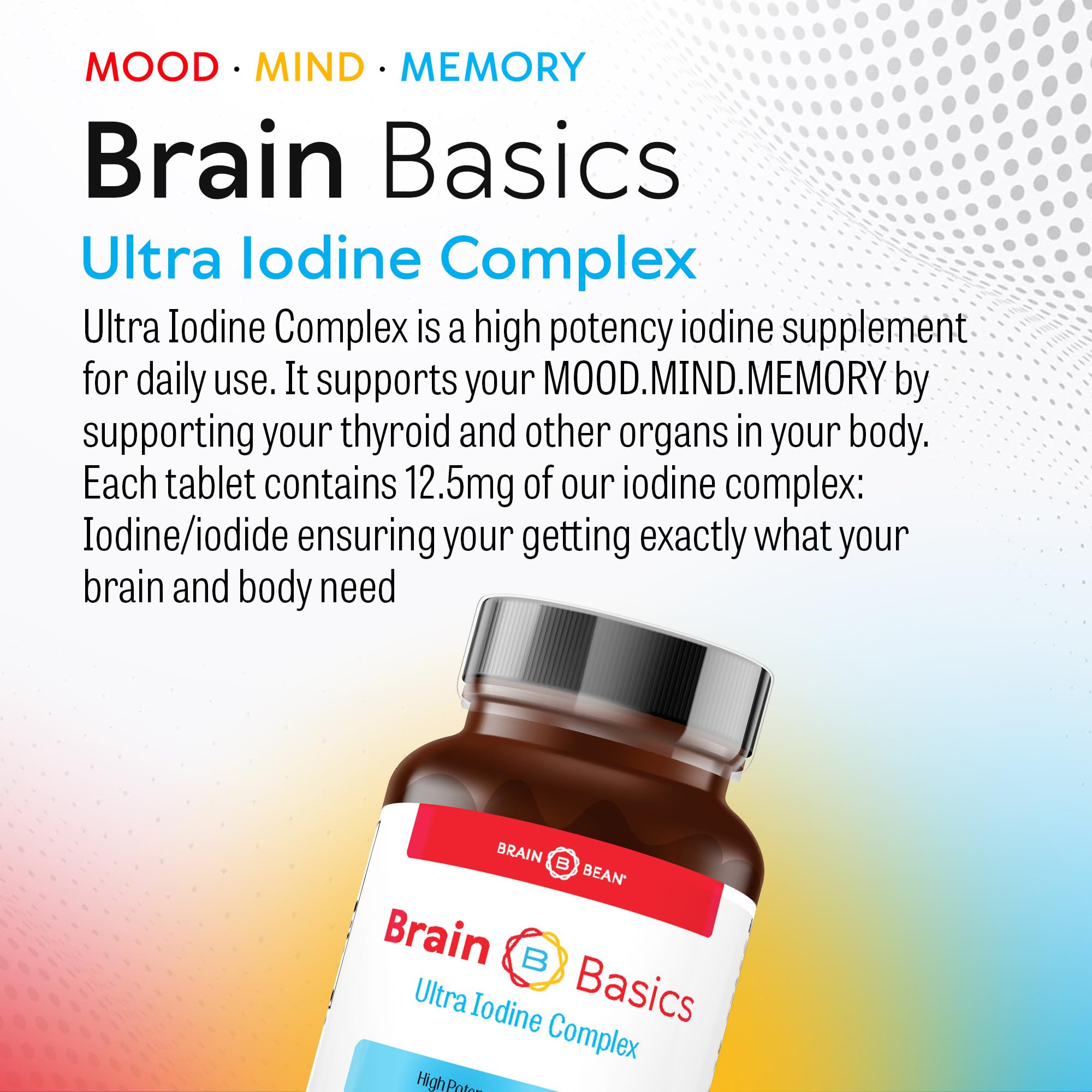 Brain Basics Ultra Iodine Complex Supplement for Thyroid Support, Iodine and Potassium Iodide in One, Iodine Supplement for Thyroid and Brain Health, 12.5 mg Iodine and Potassium Iodide - 90 Tablets