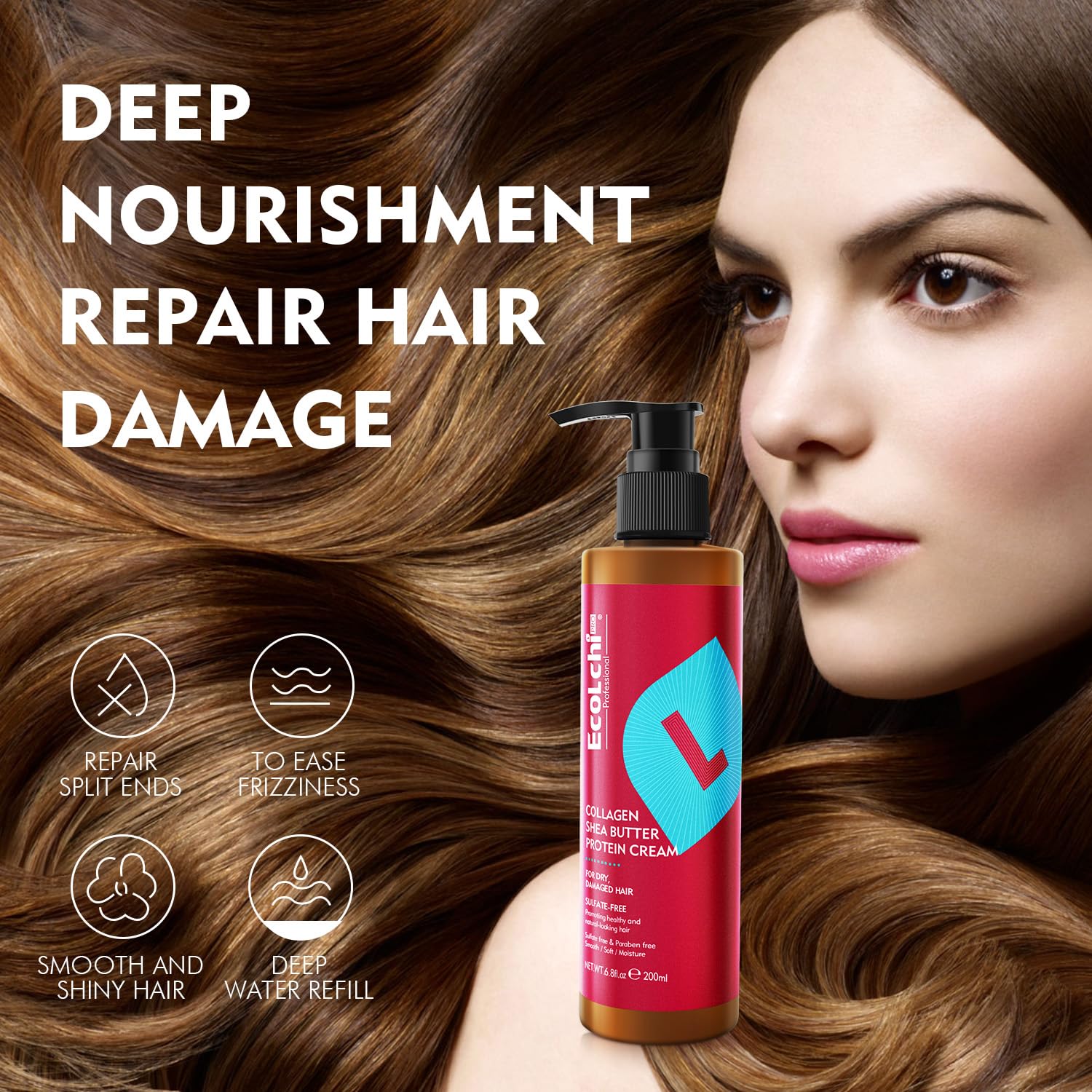 ECOLCHIPRO Ecolchi Collagen Leave-In Conditioner Cream Deep Restores Shea Butter Protein Cream Hair Treatment Smooth Glossy for Dry and Damaged All Hair Types 200ml 6.8 fl.oz