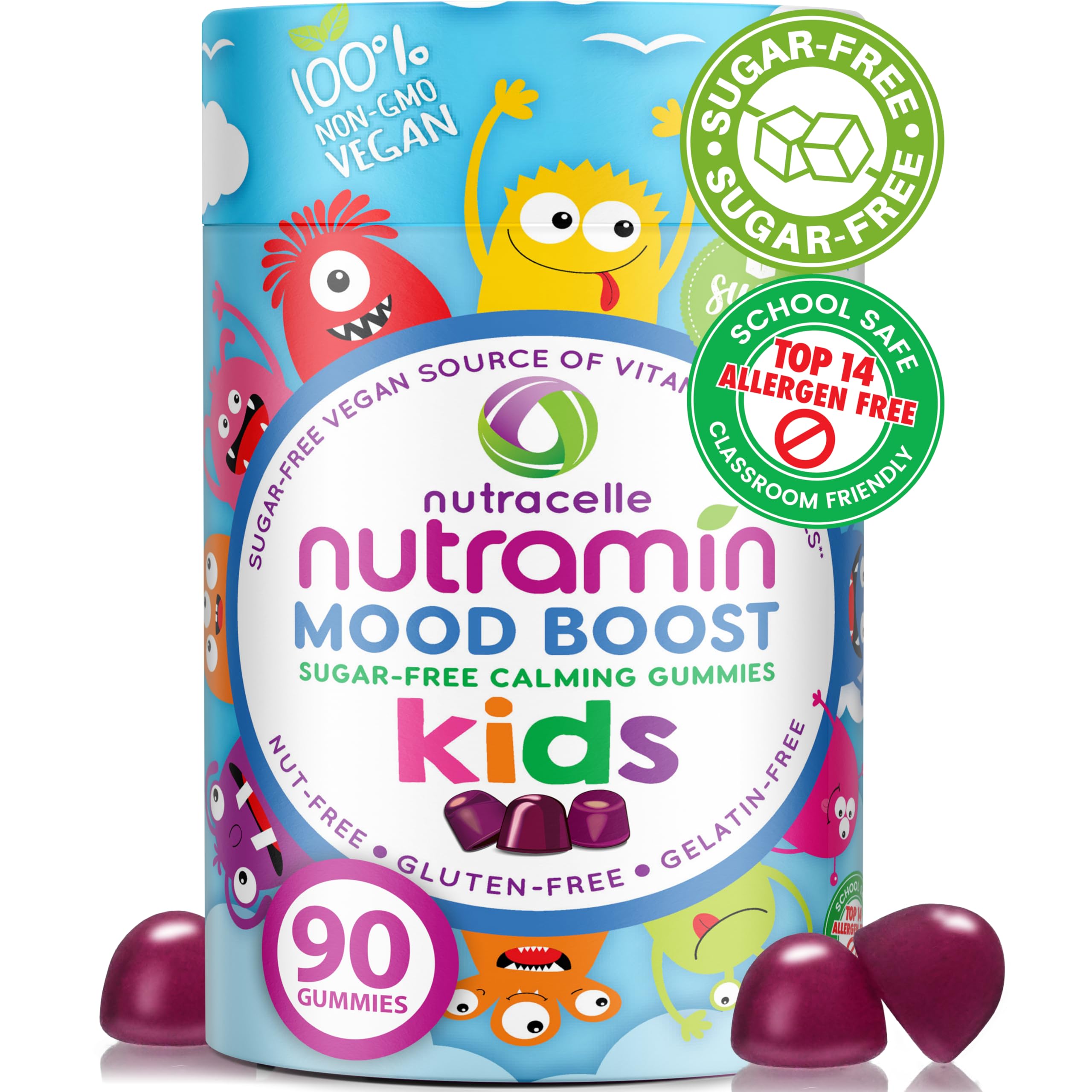 NUTRAMIN Kids Mood Boost Vegam Vitamin Gummy: Calming Magnesium Citrate Supplement for Children with Ashwagandha & Vitamin B Complex to Relax & Focus - Sugar-Free, Allergy-Safe, Non-GMO 90 ct
