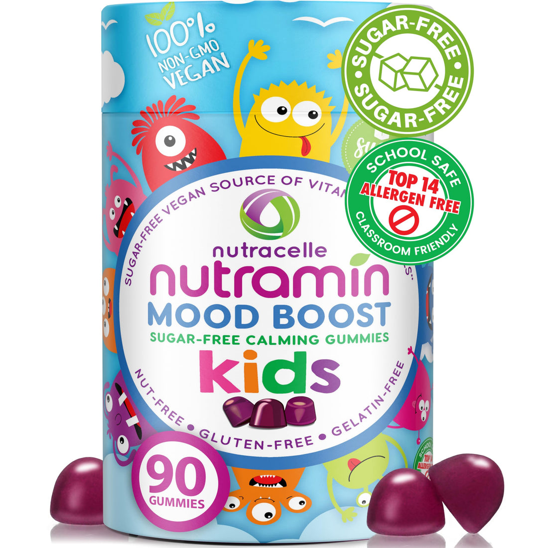 NUTRAMIN Kids Mood Boost Vegam Vitamin Gummy: Calming Magnesium Citrate Supplement for Children with Ashwagandha & Vitamin B Complex to Relax & Focus - Sugar-Free, Allergy-Safe, Non-GMO 90 ct
