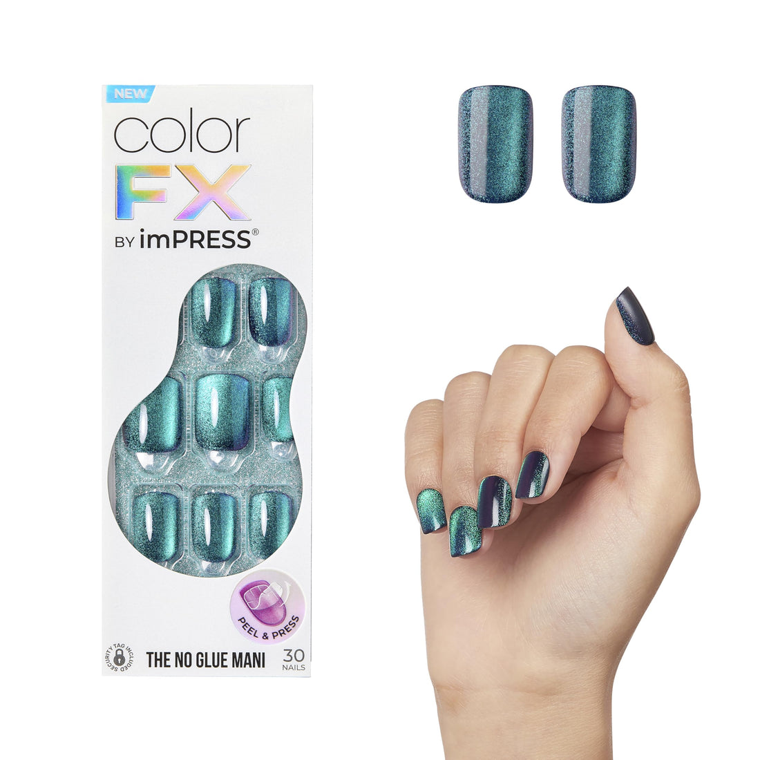 KISS imPRESS No Glue Mani Press On Nails, Color FX, 'Better Things', Dark Green, Short Size, Squoval Shape, Includes 30 Nails, Prep Pad, Instructions Sheet, 1 Manicure Stick, 1 Mini File