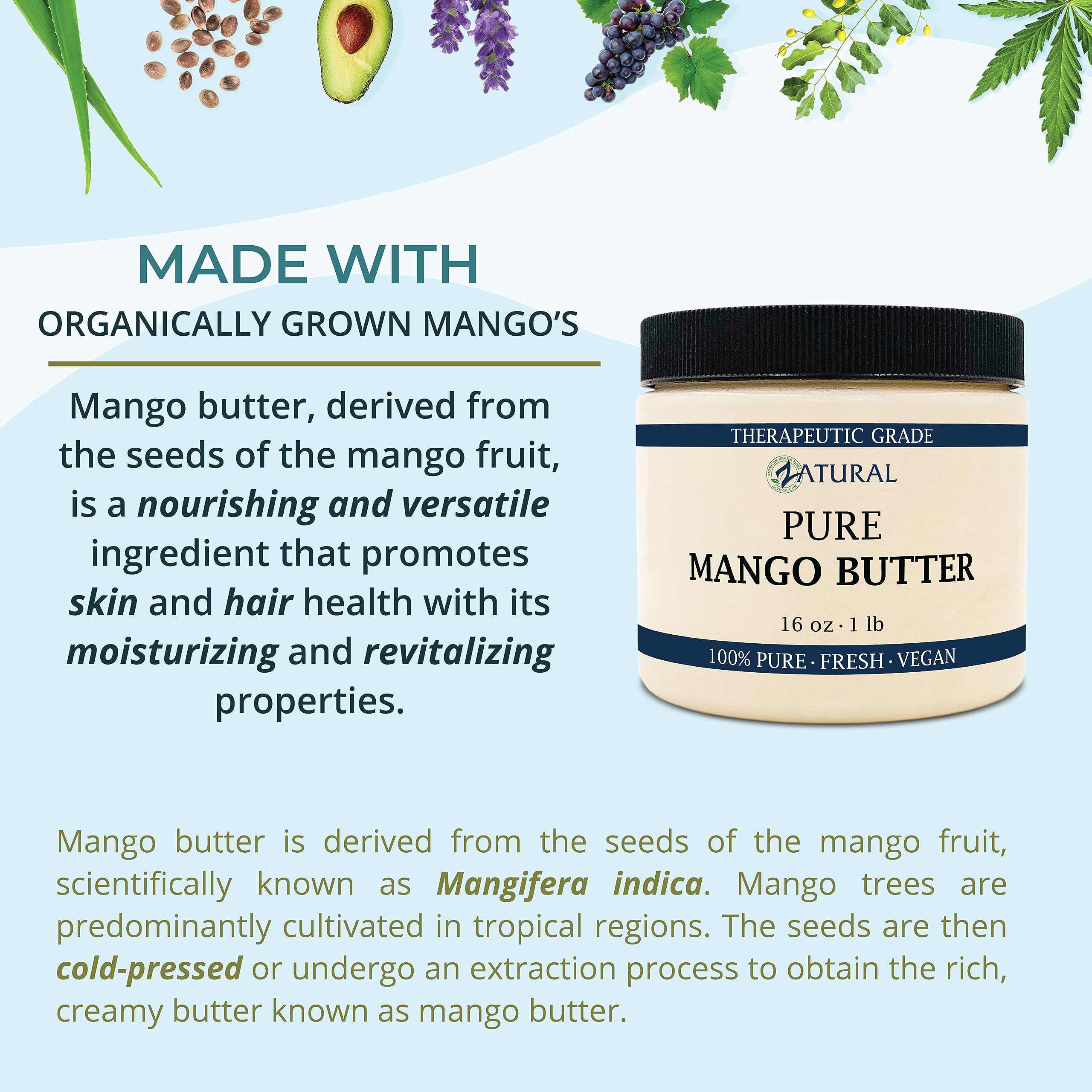 Pure Organic Mango Butter-2 Sizes Available-Food Grade & Cosmetic Grade, Organic, Pure, Clean, Naked, (16 Ounce)