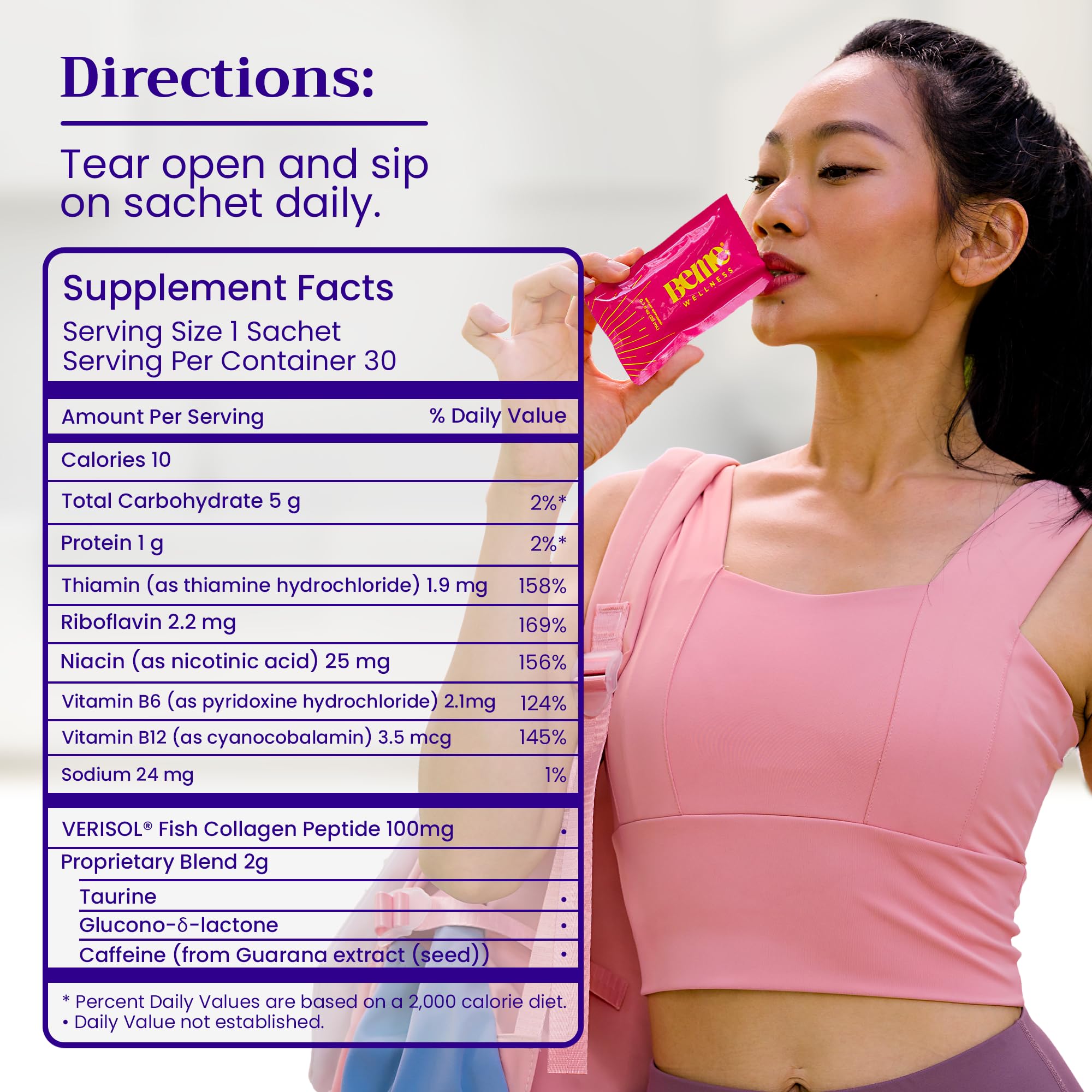 BeMe Vitamin B12 Liquid Shot, BeStrong - Vitamin B 12 Drinkable Liquid Supplement Supports Energy Boost, Focus, & Concentration - Guarana, Taurine, & Collagen Supplements Promote Recovery (30 Sachets)