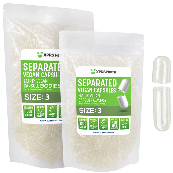 XPRS Nutra Vegan Size 3 Separated Capsules - 1000 Count Premium Empty Capsules Separated in Bags - Clear Empty Capsules - Separated Empty Capsules - Pill Capsules Empty for DIY Supplement Filling