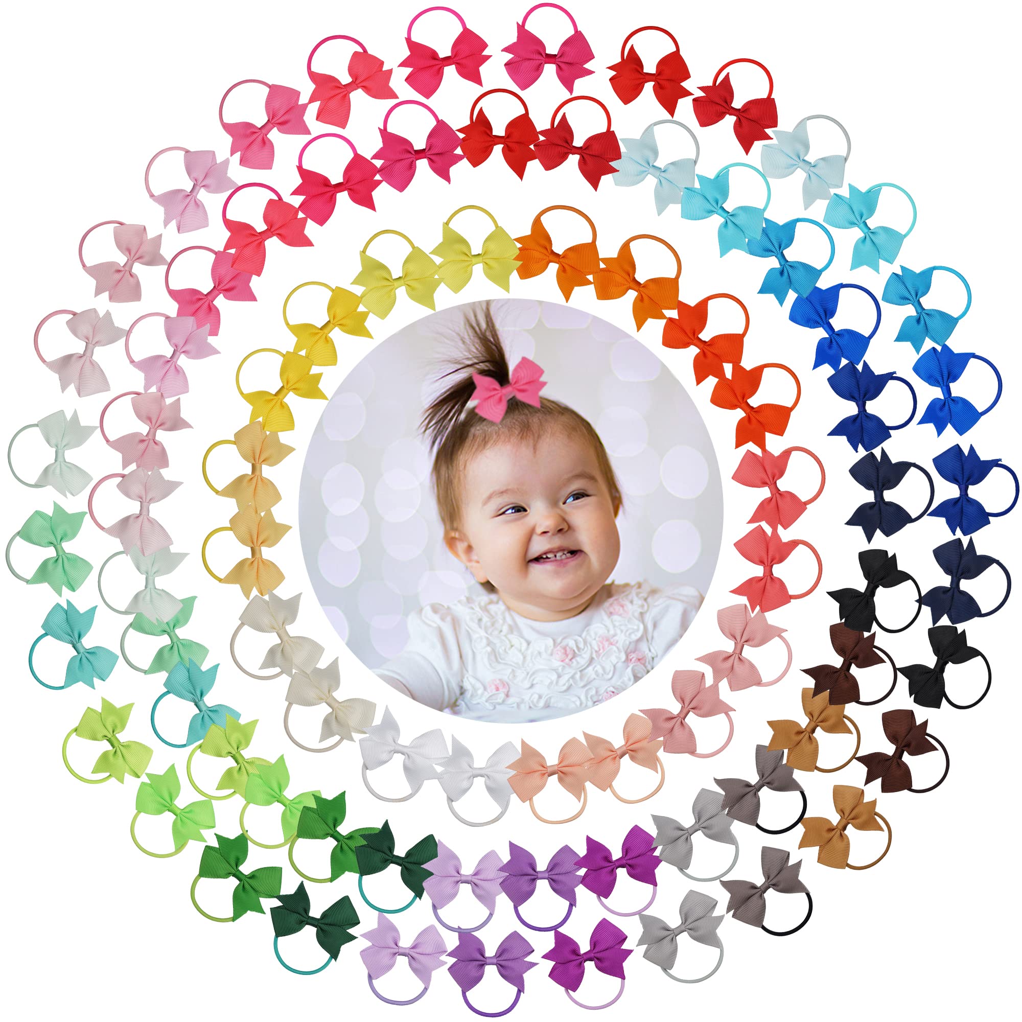 80PCS Baby Hair Ties With Bows 2Inch Hair Bows Elastic Rubber Bands Finger Hair Ties Ponytail Holders Hair Accessories for Baby Girls Newborn Infants Toddlers Multi-colored
