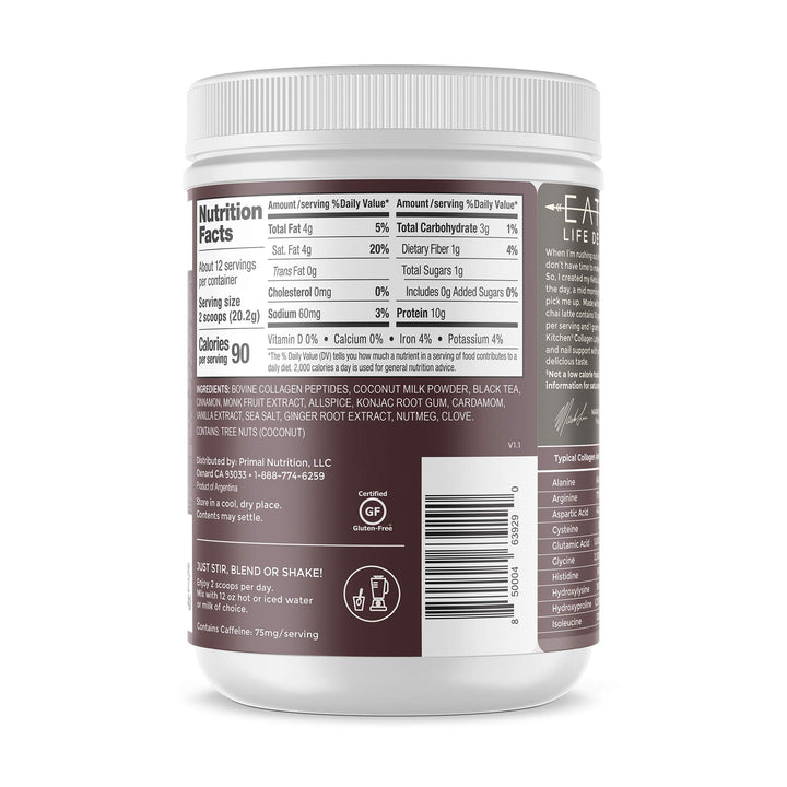 Primal Kitchen Chai Tea Collagen Keto Latte Powder, Collagen Peptide Drink Mix, 8.55 Ounces