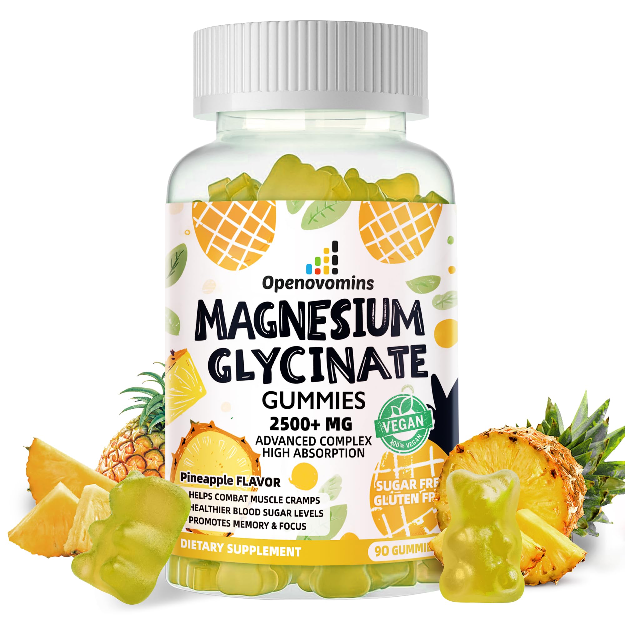 Magnesium Glycinate Gummies 2500mg - Sugar Free Magnesium Potassium Supplement with Vitamin D, B6, CoQ10 for Calm Mood & Sleep Support - 90 Pineapple Gummies