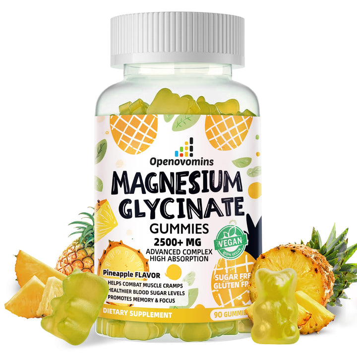 Magnesium Glycinate Gummies 2500mg - Sugar Free Magnesium Potassium Supplement with Vitamin D, B6, CoQ10 for Calm Mood & Sleep Support - 90 Pineapple Gummies