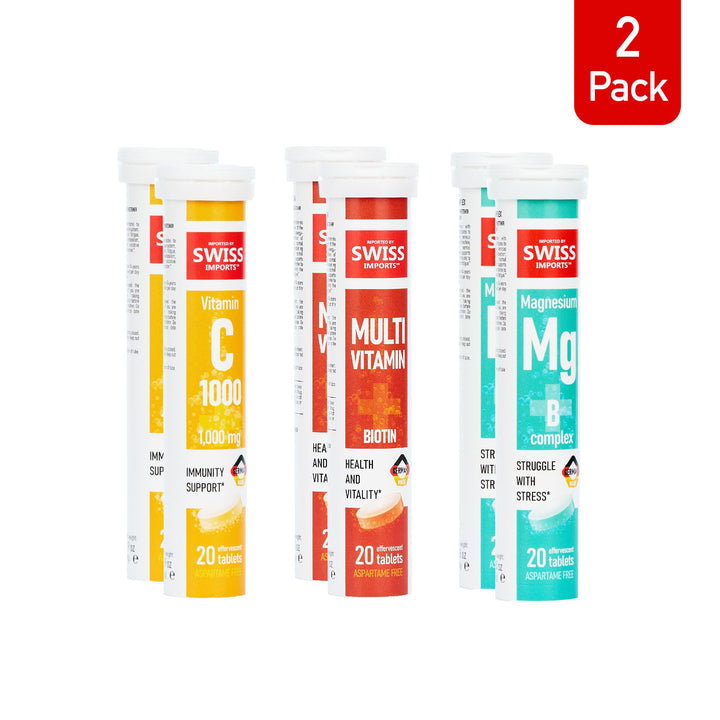 Swiss Imports Effervescent Variety Pack with Vitamin C 1000mg, Magnesium + B Complex, Multivitamin + Biotin, 6-Pack, 120 Tablets