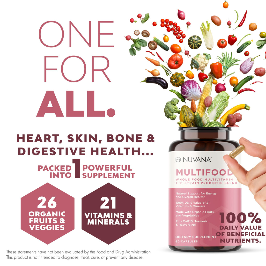 Nuvana Multifood Whole Food Multivitamin for Women | 21 Organic Fruits & Vegtables | Tumeric Boosts Energy, Supports Gut & Immune Health | Prebiotics & Probiotics | 60 Capsules