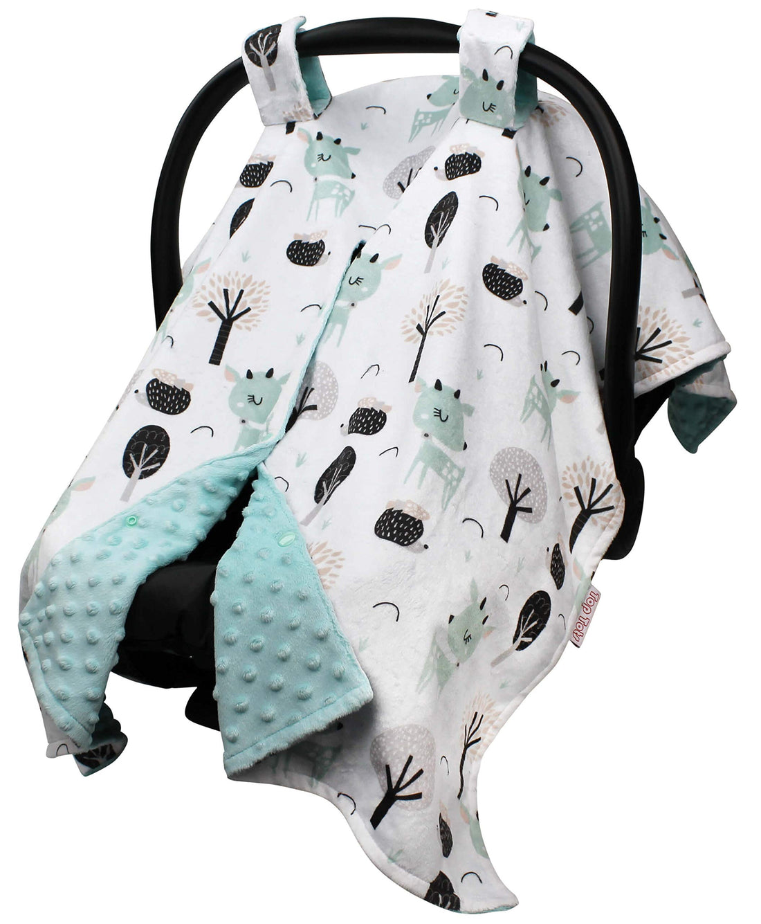 Baby Car Seat Canopy Cover - Seafoam Baby Deer and Trees with Aqua Blue Minky Dot