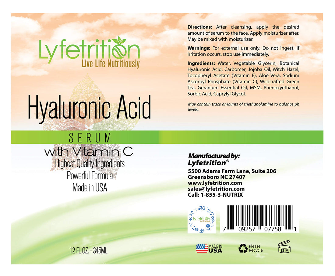 Lyfetrition ââ‚¬â€œ 12 oz large bottle - Hyaluronic Acid Serum with Vitamin C for Face ââ‚¬â€œ Deeply Moisturizing, Anti Aging, Vegan Collagen Boost, Hyaluronic Skin Serum ââ‚¬â€œ Nourishes Skin