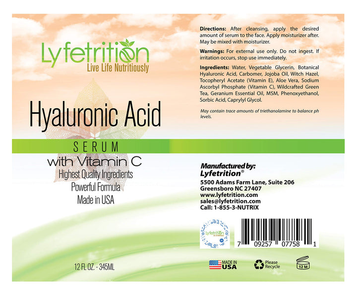 Lyfetrition ââ‚¬â€œ 12 oz large bottle - Hyaluronic Acid Serum with Vitamin C for Face ââ‚¬â€œ Deeply Moisturizing, Anti Aging, Vegan Collagen Boost, Hyaluronic Skin Serum ââ‚¬â€œ Nourishes Skin