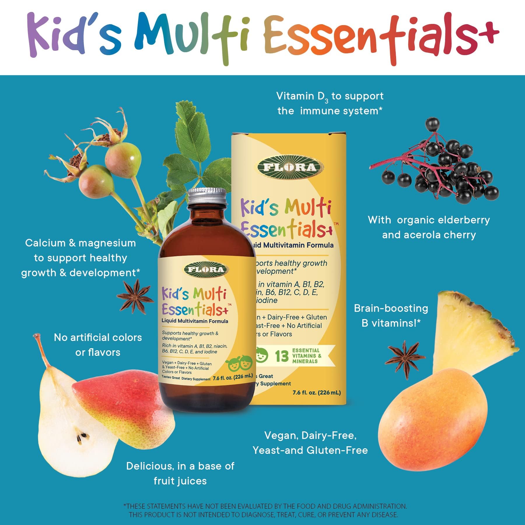 Flora - Kids Multi Essentials+, Liquid Multivitamin Formula, 13 Essential Vitamins & Minerals, 7.6 Fl Oz