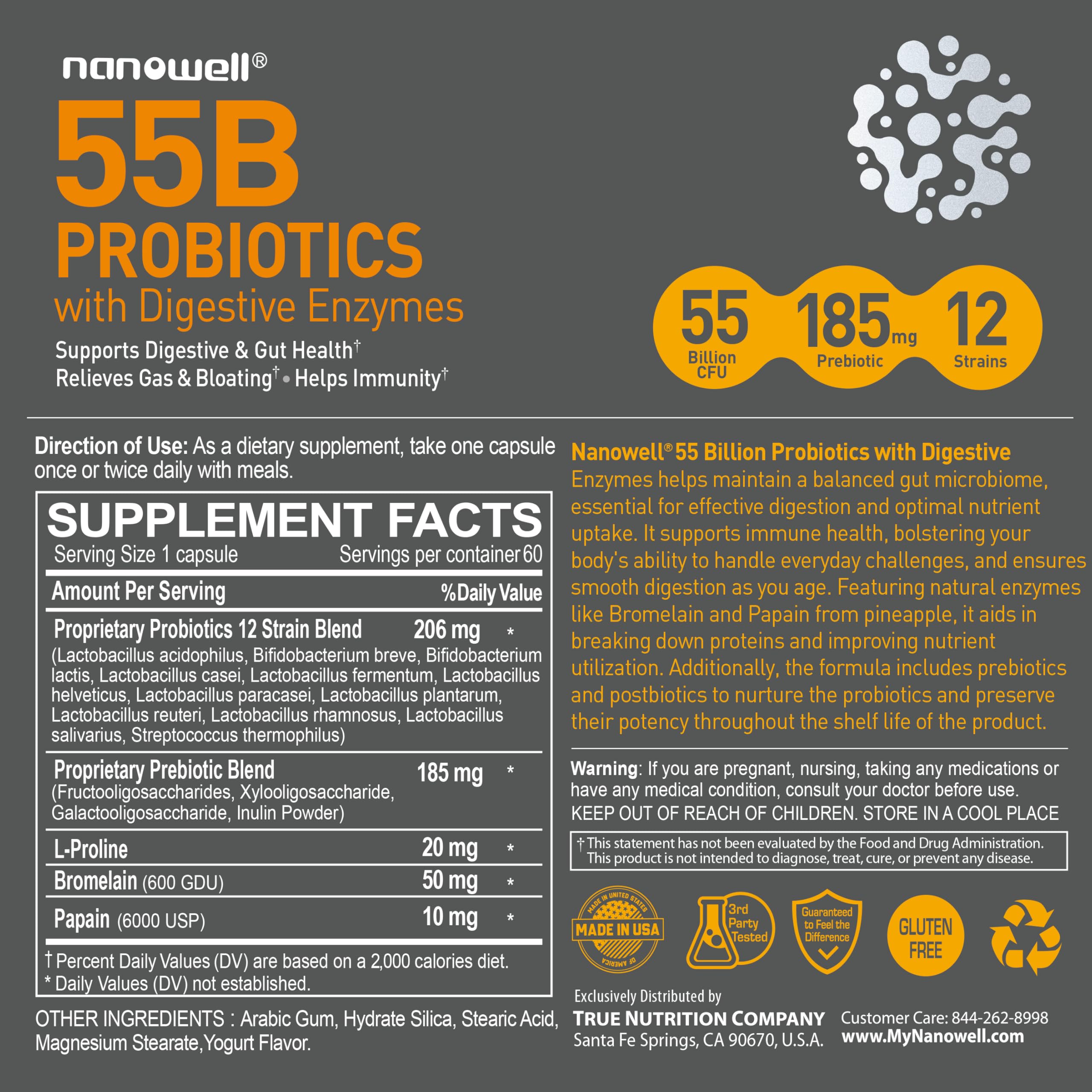 NANOWELL 55B Probiotics with Digestive Enzymes for Immune Support & Gut Health - 55 Billion CFU, 12 Strain, 185 mg Prebiotic - Relieves Gas & Bloating - 60 Vegan Capsules, 60 Day Supply