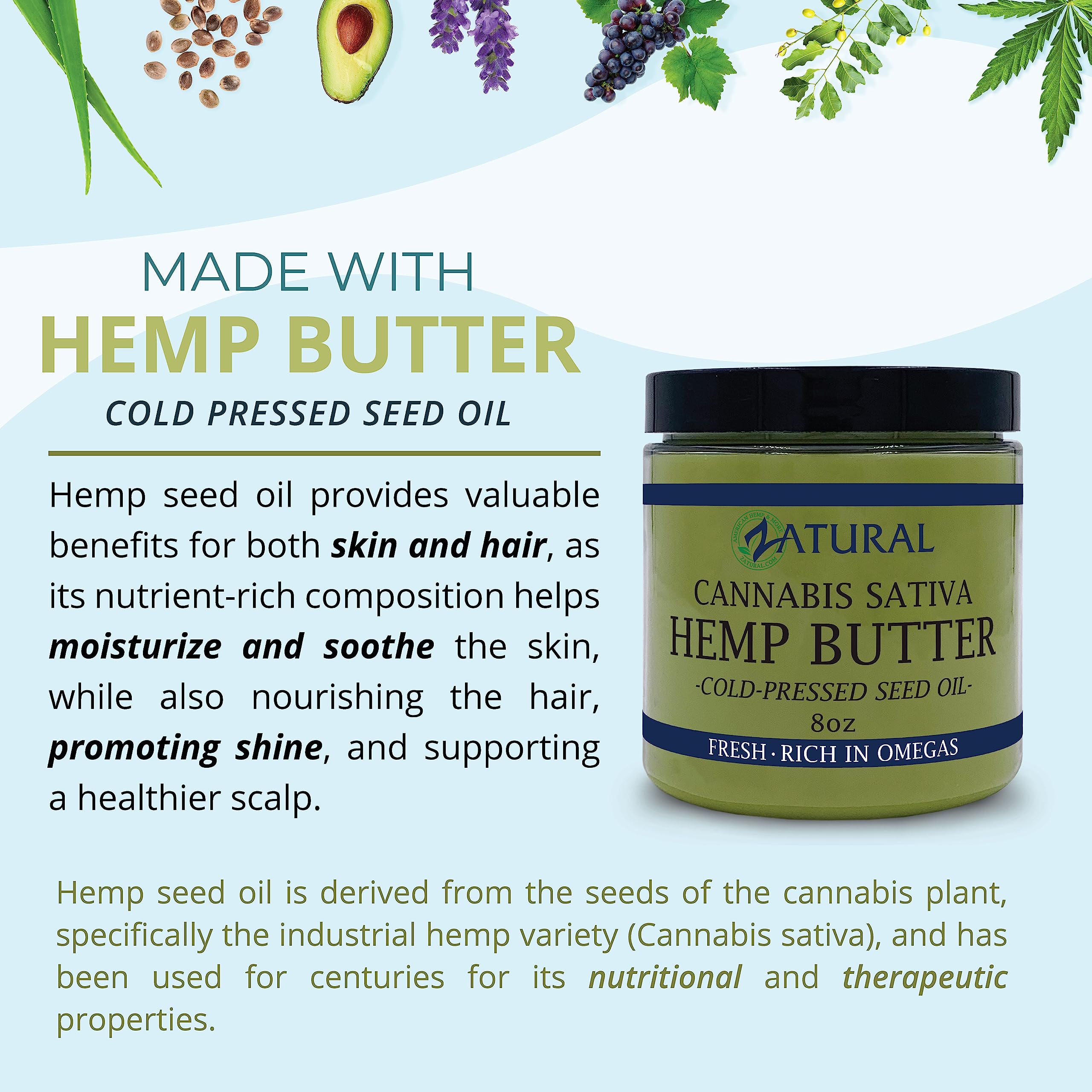 Zatural Hemp Body Butter 17,500mg Hemp per oz Organically Grown Raw Vegan Hemp and Cocoa Creamy Texture. (8oz)