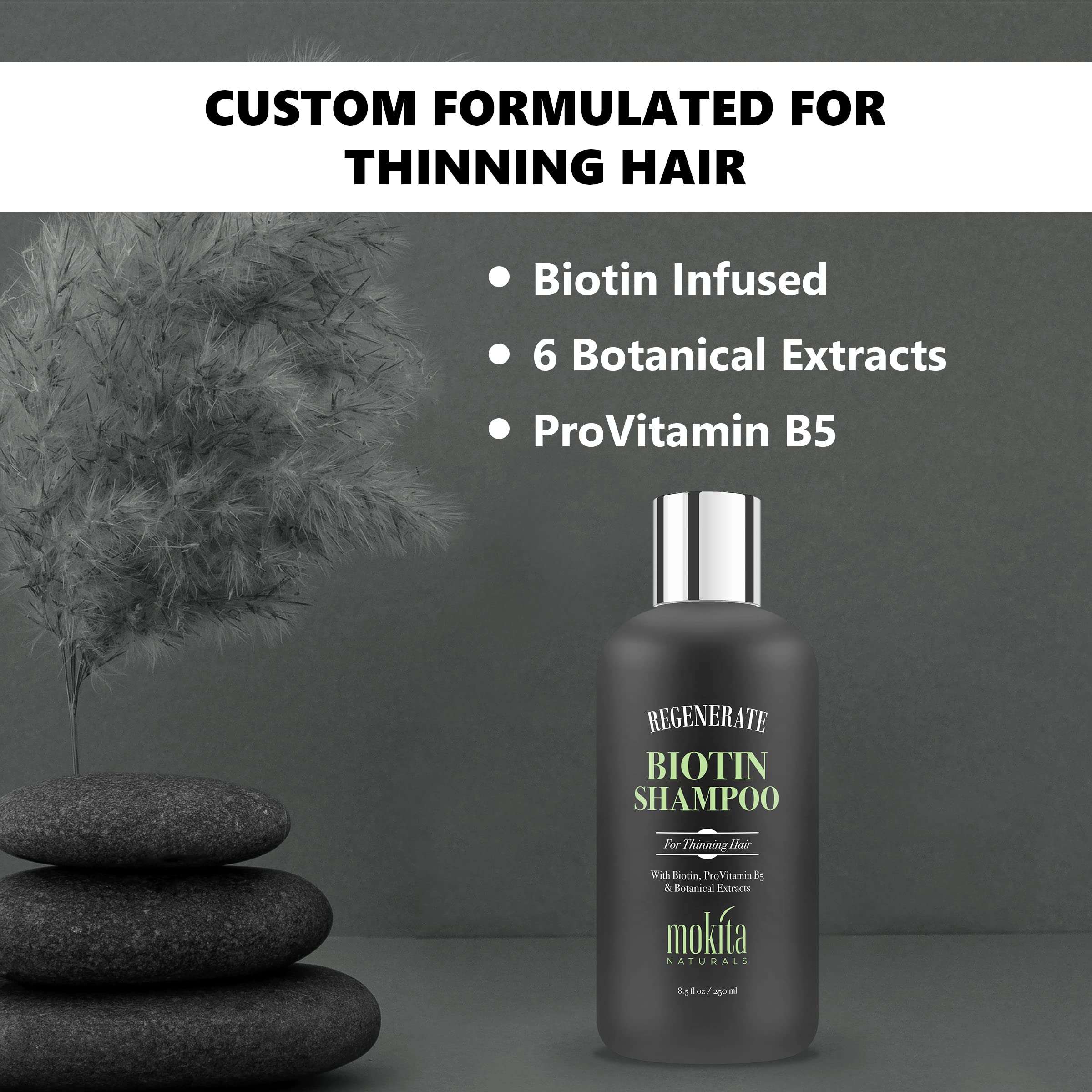 Hair Growth & Volumizing Shampoo 8.5 Oz | Thickening Unisex Shampoo Infused with Biotin, ProVitamin B5 & 7 Botanical Extracts | Thinning, Fine Hair, Hair Loss | Vegan Friendly | Mokita Naturals