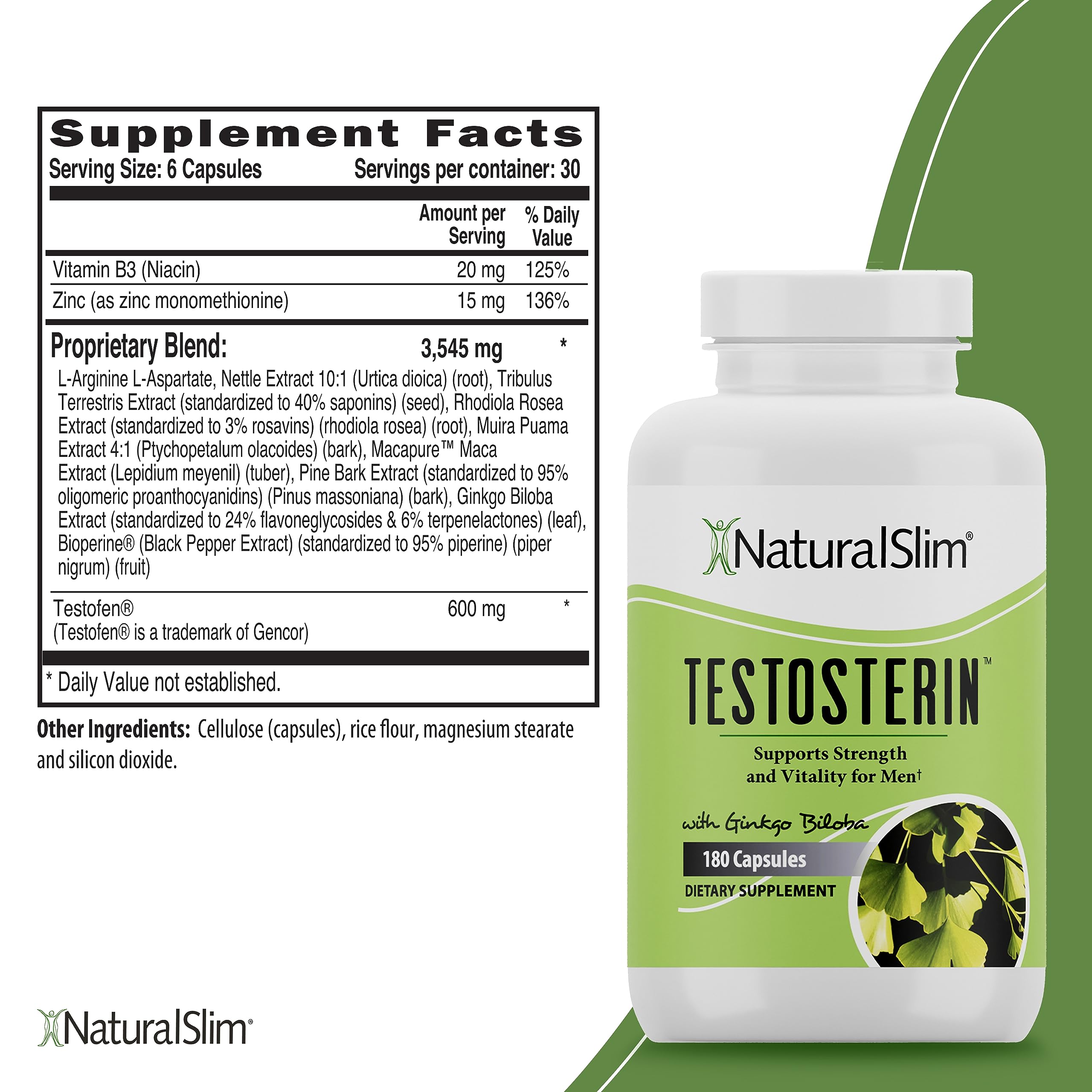 NaturalSlim Testosterin Mens Multivitamins Testosterone Booster - Testosterone Supplement with Vitamin B3, Zinc, Proprietary Blend & Testofen for Muscle Support, Stamina & Metabolism - 180 Capsules