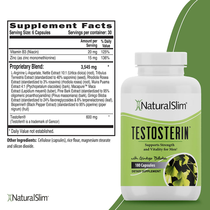 NaturalSlim Testosterin Mens Multivitamins Testosterone Booster - Testosterone Supplement with Vitamin B3, Zinc, Proprietary Blend & Testofen for Muscle Support, Stamina & Metabolism - 180 Capsules