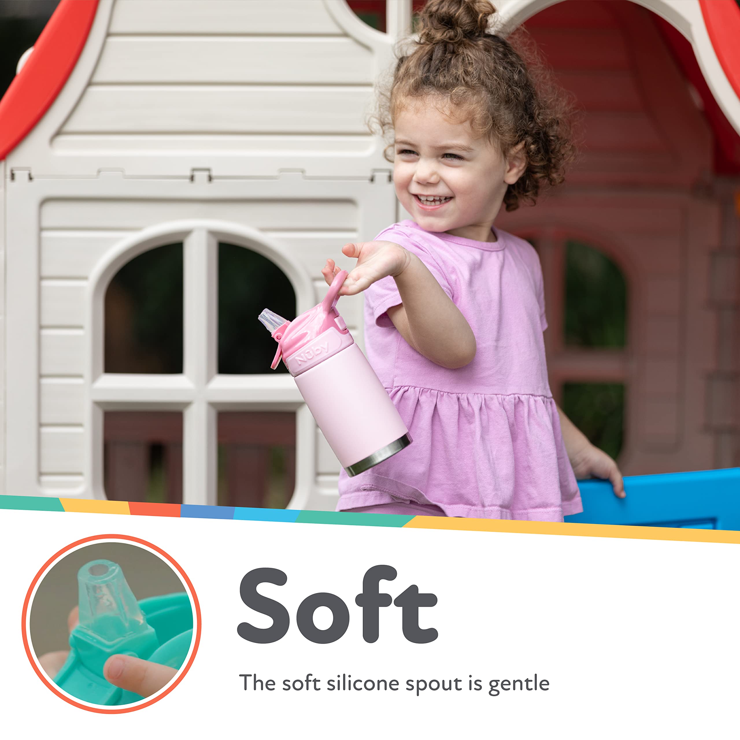 Nuby Thirsty Kids No Spill Flip-It Reflex Stainless Steel Travel Cup or Water Bottle - 10 Oz - 18+ Months - Pink