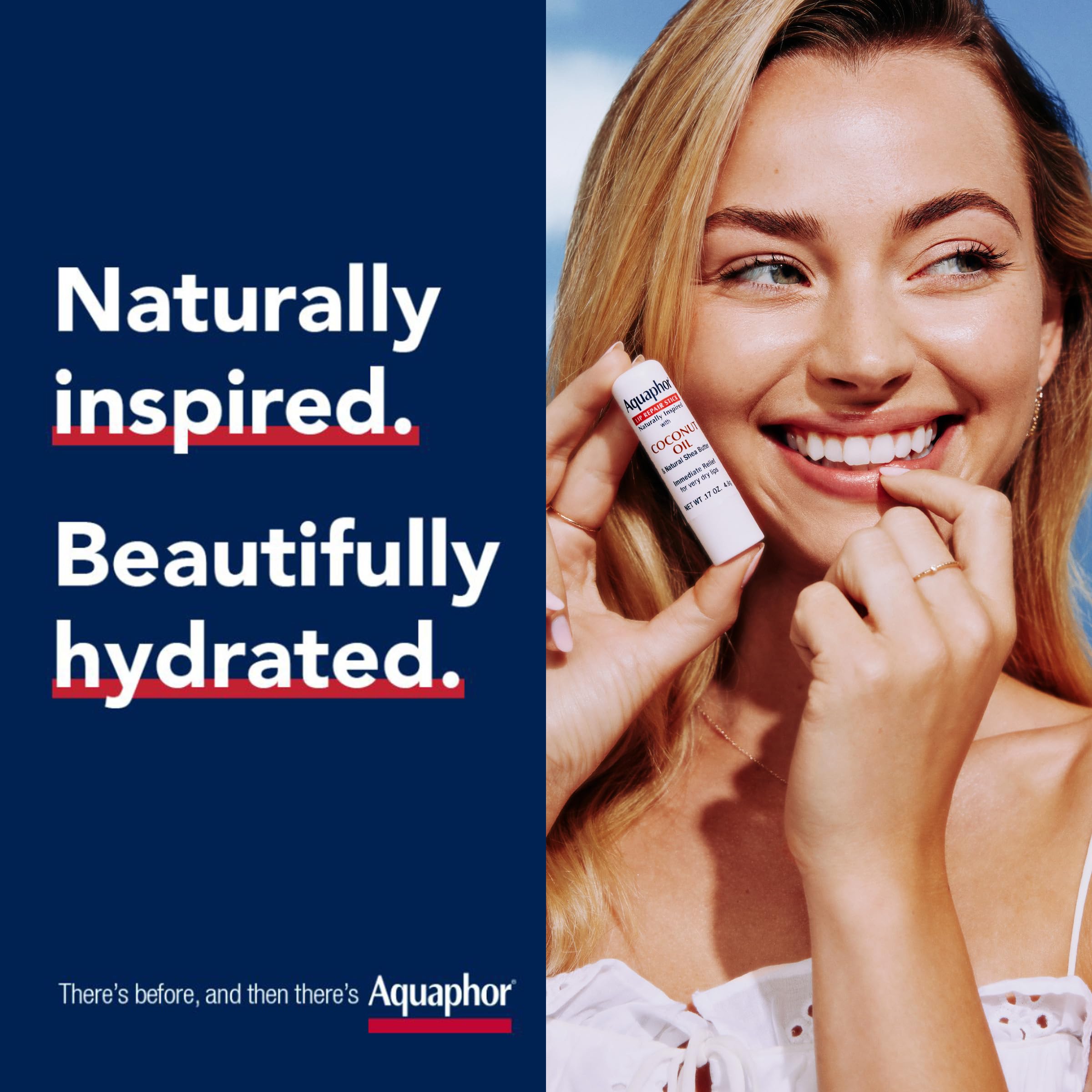 Aquaphor Naturally Inspired Lip Repair Stick with Coconut Oil and Natural Shea Butter, Hydrating Lip Balm Stick Immediately Relieves Dryness and Soothes Chapped Lips, 0.17 Oz Stick, Pack of 3