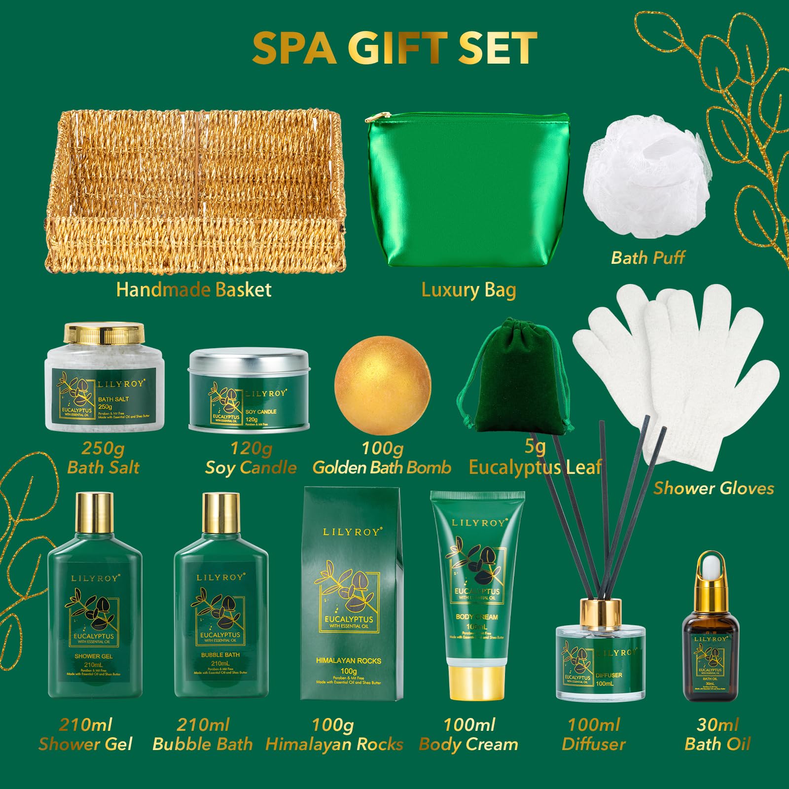 Mother's Day Relaxation Gift Basket - 15-Piece Premium Eucalyptus Bath Gift Set for Women & Men - Spa Kit with Shower Gel Ideal for Birthday, Christmas, Father’s Day, Perfect for Holidays & Self Care