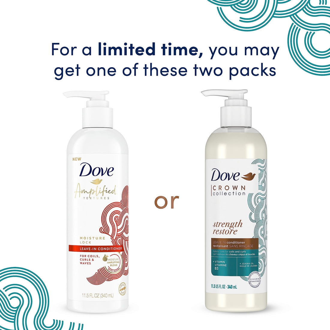 Dove Amplified Textures Shampoo, Conditioner, Leave-In Conditioner for Coils, Curls and Waves with Coconut Milk, Aloe, and Jojoba Moisture Amplifying Blend 11.5 oz 3 Count