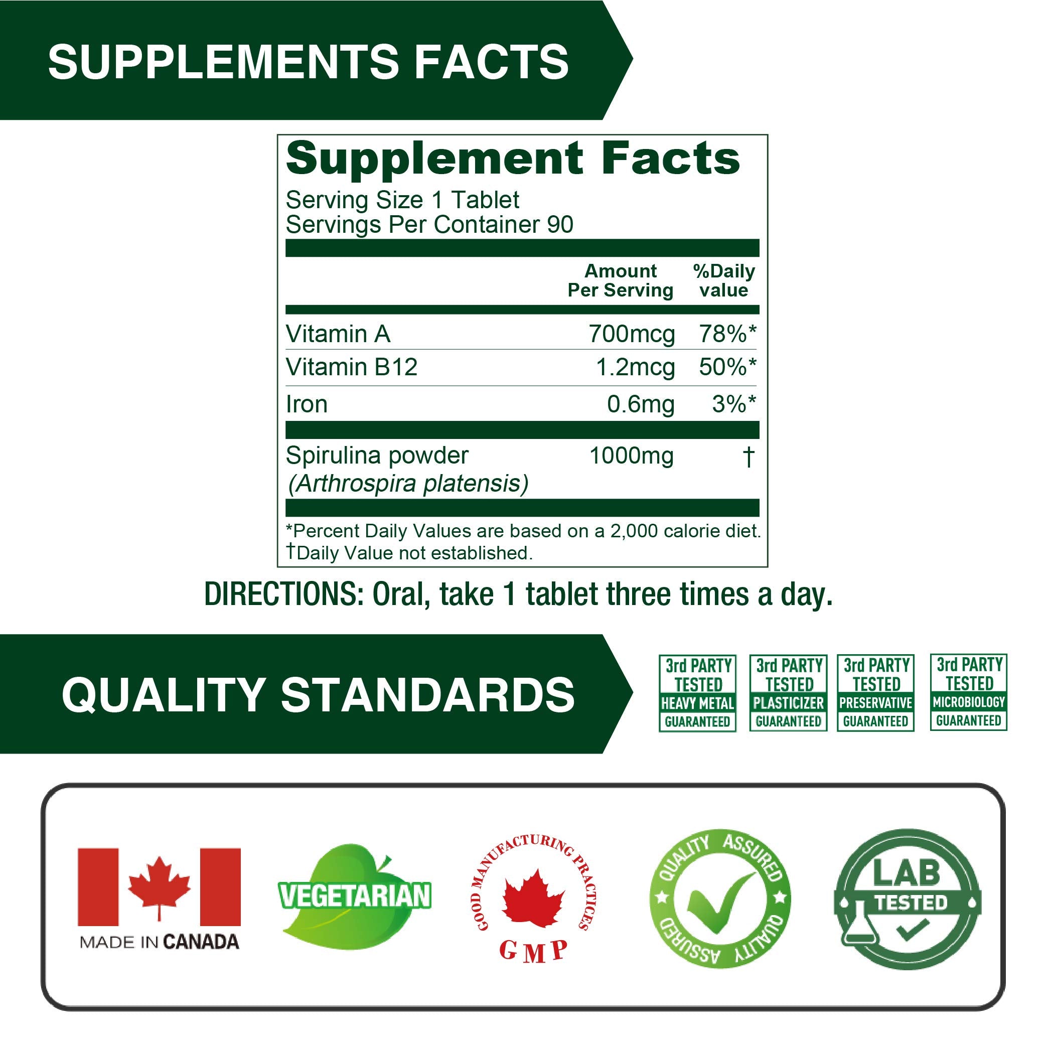 Lovita Organic Spirulina 1000mg per Tablet, Natural Multivitamin Superfood, 100% Vegan Spirulina Tablets, Non-Irradiated, 90 Vegetarian Tablets (Pack of 3)