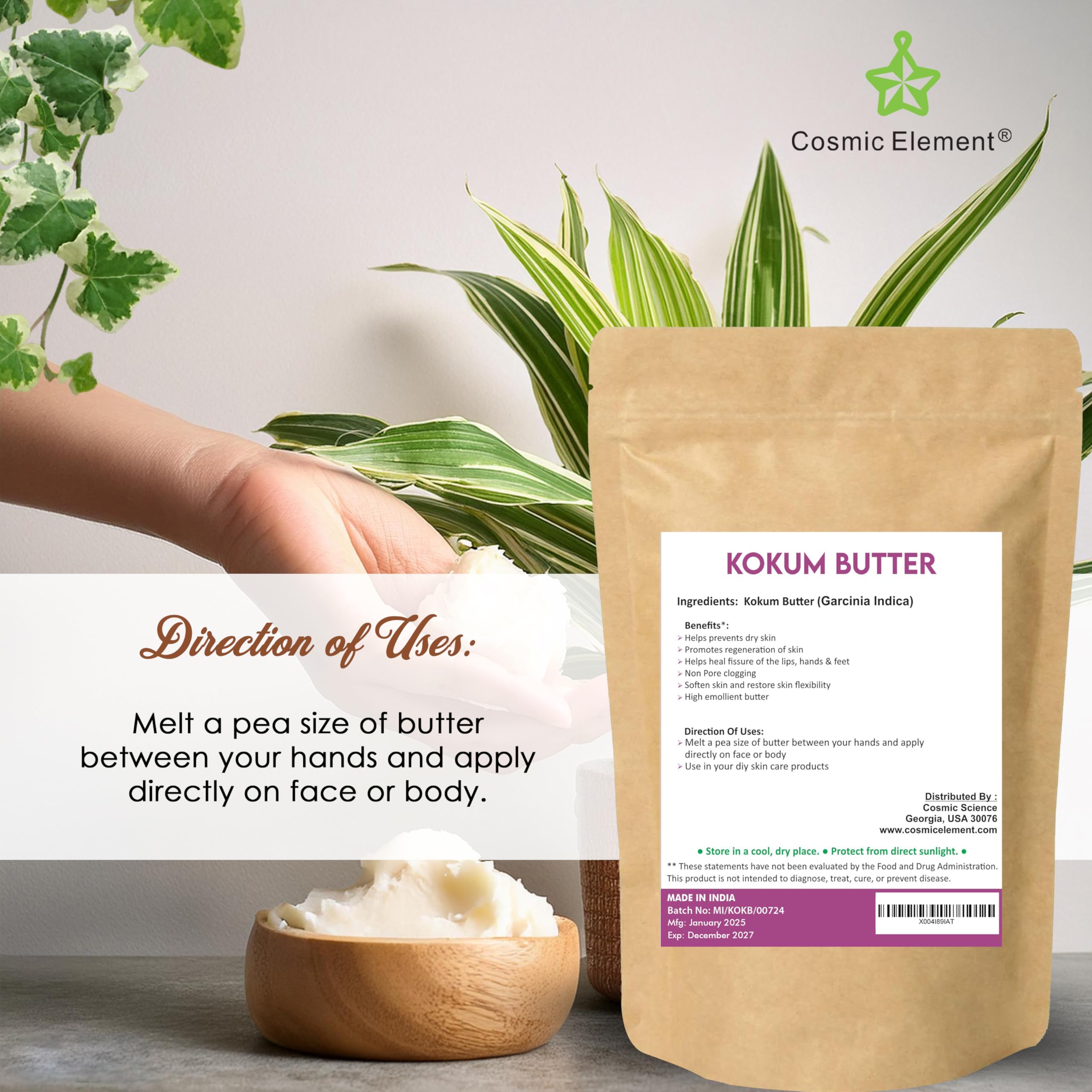 Cosmic Element Raw Organic Kokum Butter - Light, Firm Butter for Skin Care | Ideal for Making Soap, Lotion Bars, Lip Balm | Body Butter for Dry Skin - Scent-Free (16 Oz)