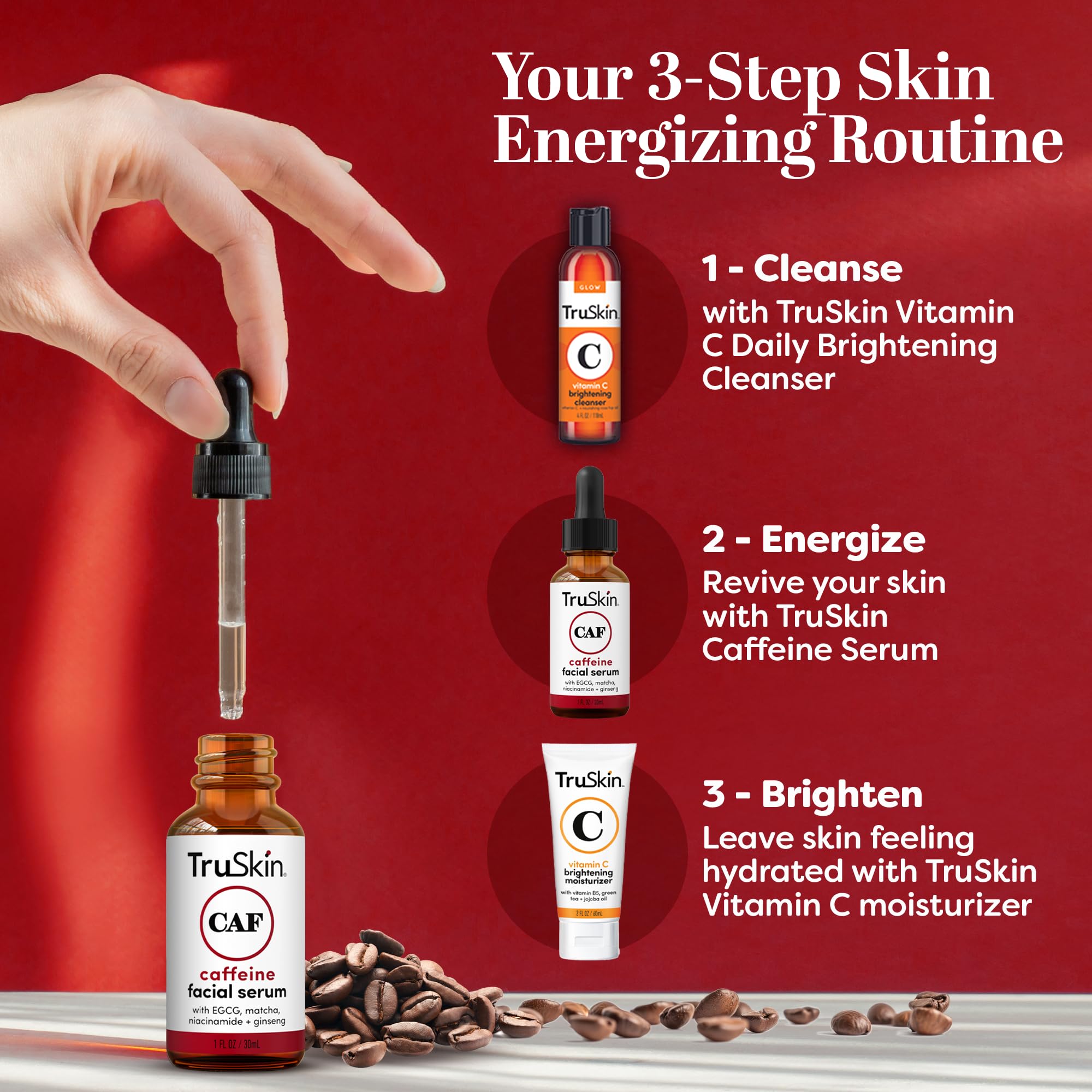 TruSkin Caffeine Face & Eye Serum – Energizing 5% Caffeine Serum with EGCG Niacinamide Matcha and Ginseng – Improve Look of Under Eye Dark Circles and Puffiness, 1 fl oz
