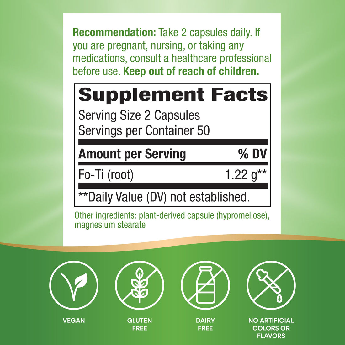 Nature's Way Fo-Ti Root, Traditional Chinese Herb, 1,220 mg per serving, 100 Vegan Capsules