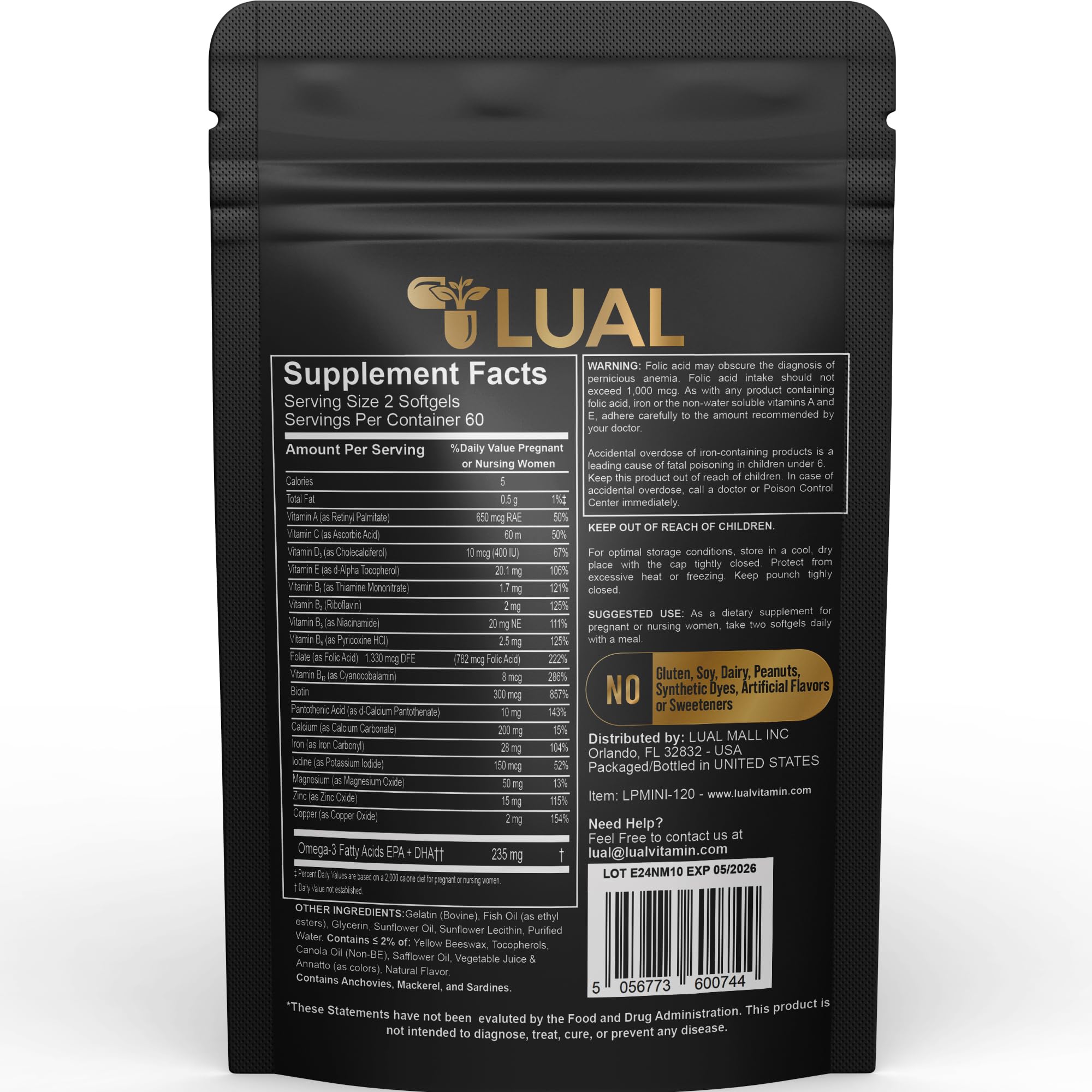 LUAL Mini Prenatal Vitamin with DHA & Folate | Prenatal Care with DHA for Expectant Mothers Multivitamin for Pregnant Women 120 Soft Gels