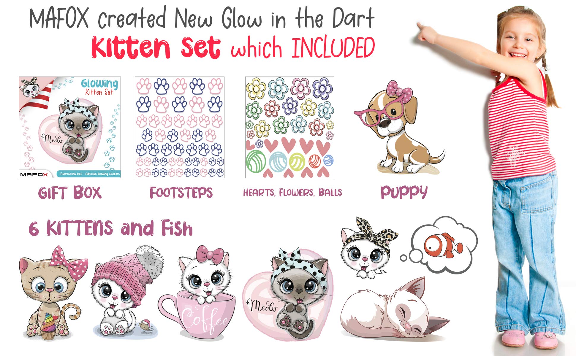 Glow in The Dark Cat Stickers with Dog and Fish, Wall Decals Sticker for Kids Bedding Room, Great for Birthday Gift Glowing Cat for Girls and Boys